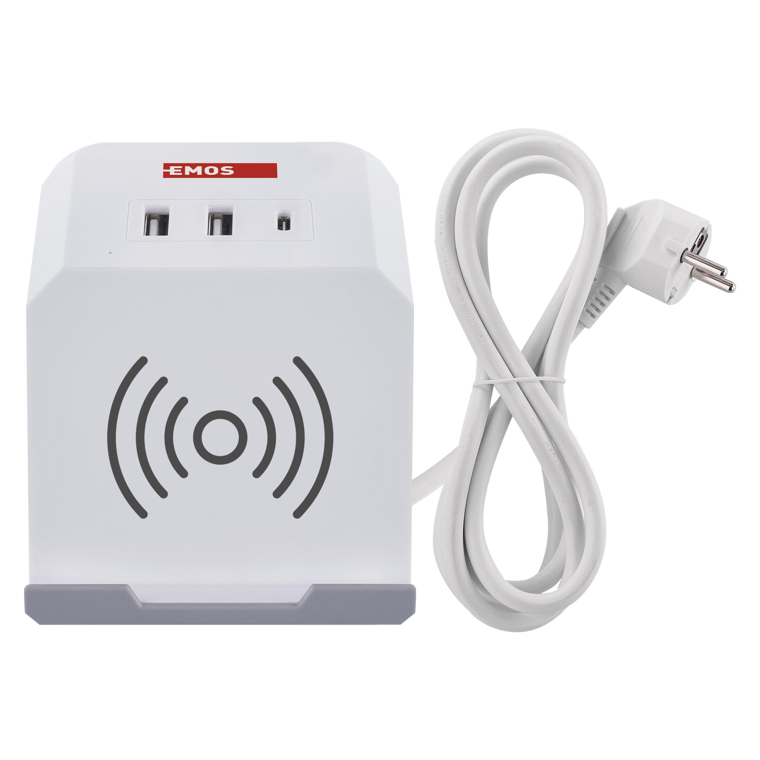 Emos Prodlužovací kabel - kostka 2 m / 2 zásuvky / bílý / 2×USB-A + 1×USB-C+Qi / 1,5 mm2-0