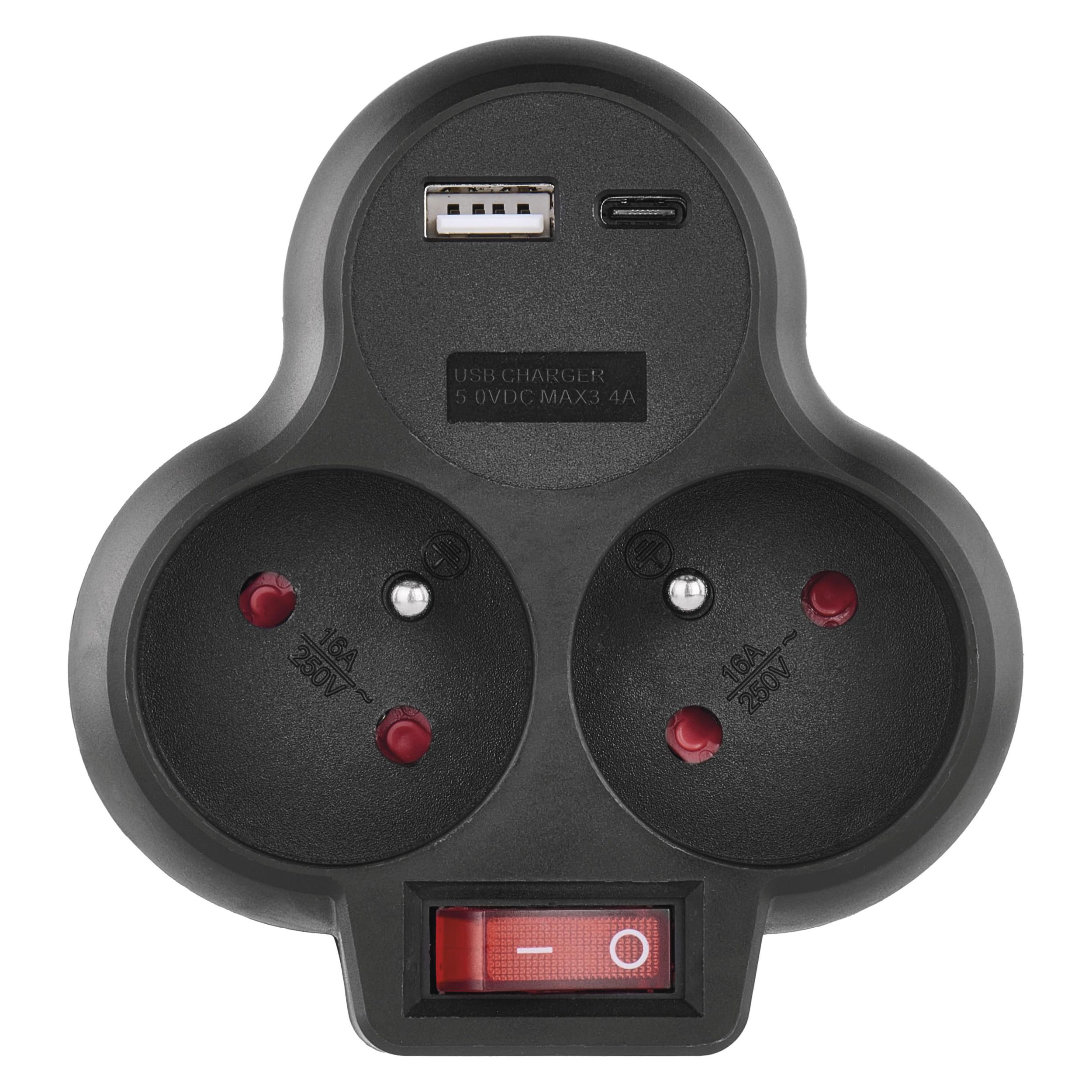 Domácnost a Zahrada - Emos Rozbočovací zásuvka 2×, vyp., 1×USB-A+1×USB-C, černá