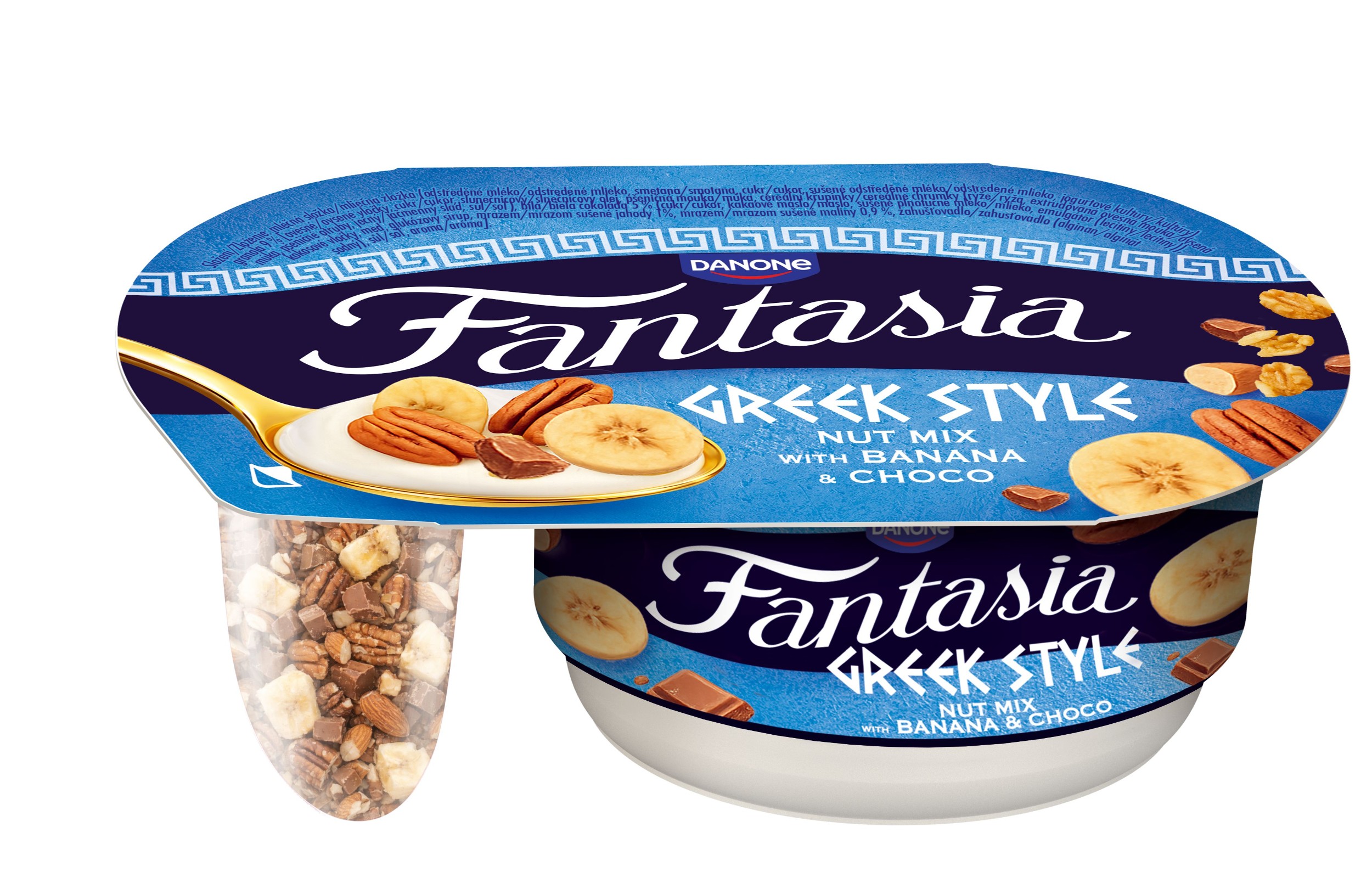 Mléčné a chlazené - Fantasia Greek style slazený zakysaný výrobek s ořechy, banánem a čokovločkami 100g