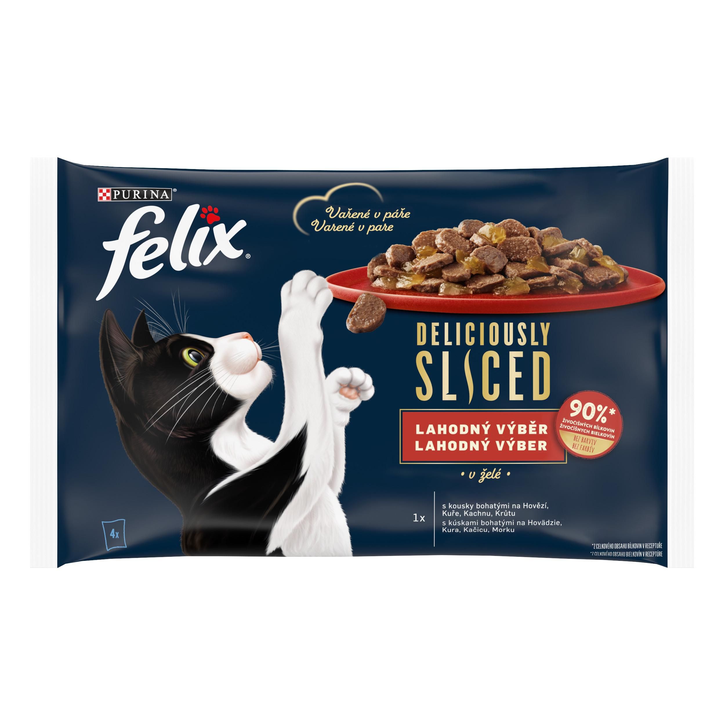 Svět zvířat - Felix Deliciously Masové kousky v želé s příchutí hovězího, kuřecího, kachního a krůtího masa 4 x 80 g