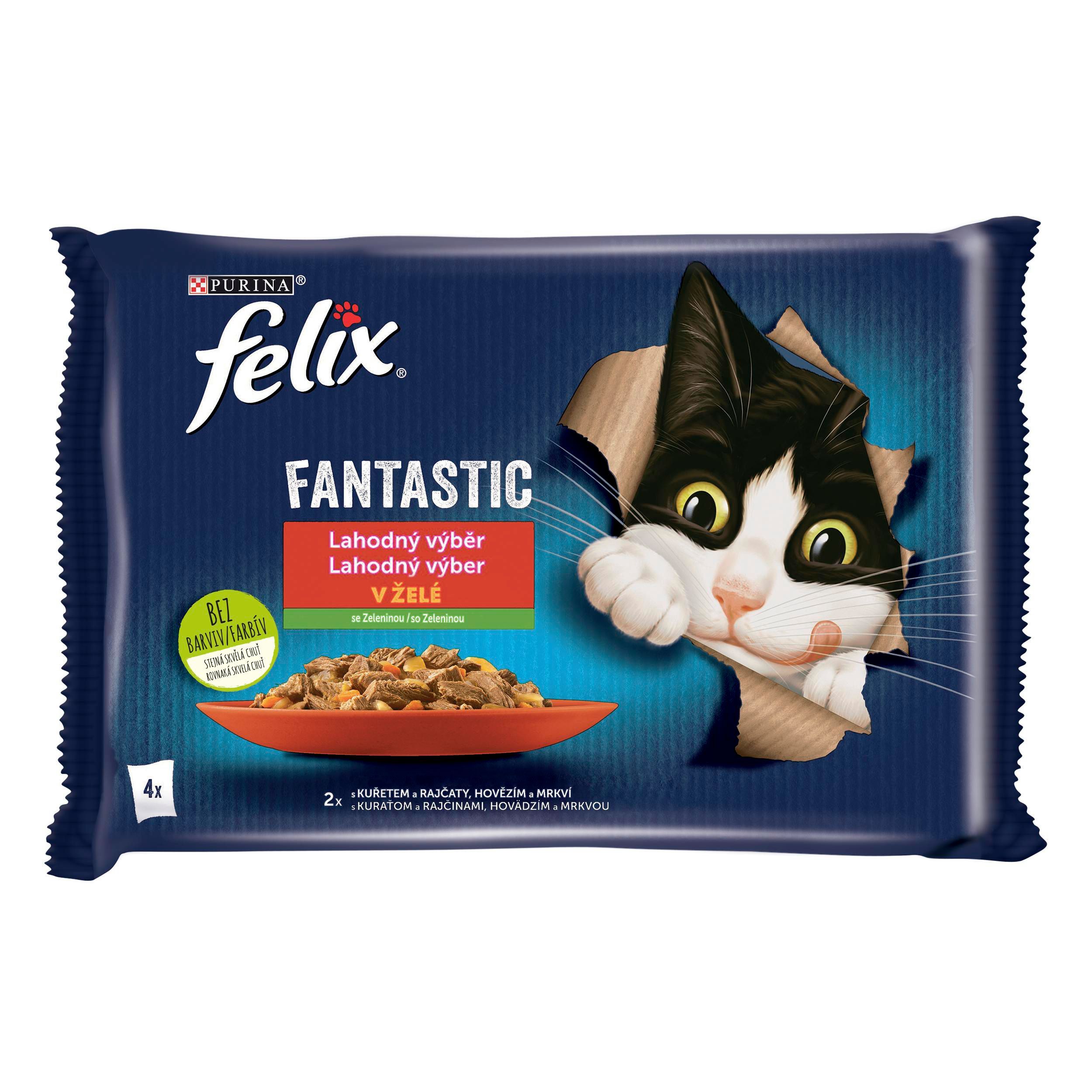 Svět zvířat - FELIX Fantastic Multipack s kuřetem a rajčaty/s hovězím a mrkví 4x85g