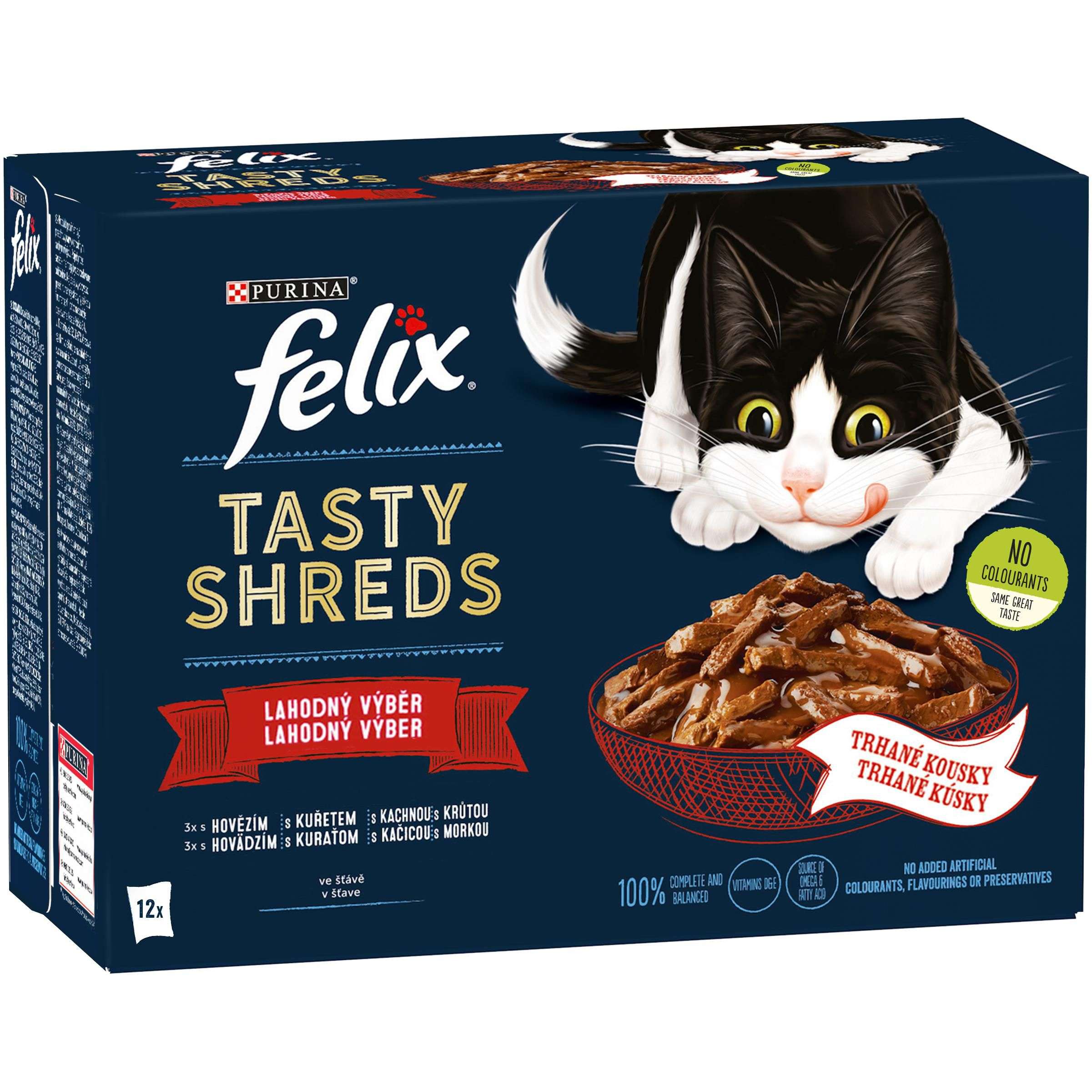 Svět zvířat - Felix Tasty Shreds hovězí, kuře, kachna, krůta ve šťávě 12x80g