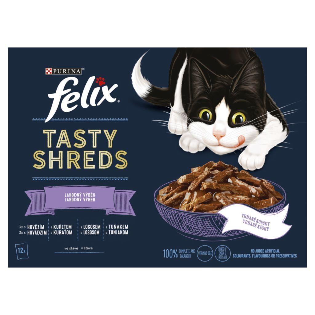 Svět zvířat - Felix Tasty Shreds hovězí, kuře, losos, tuňák ve šťávě 12x80g