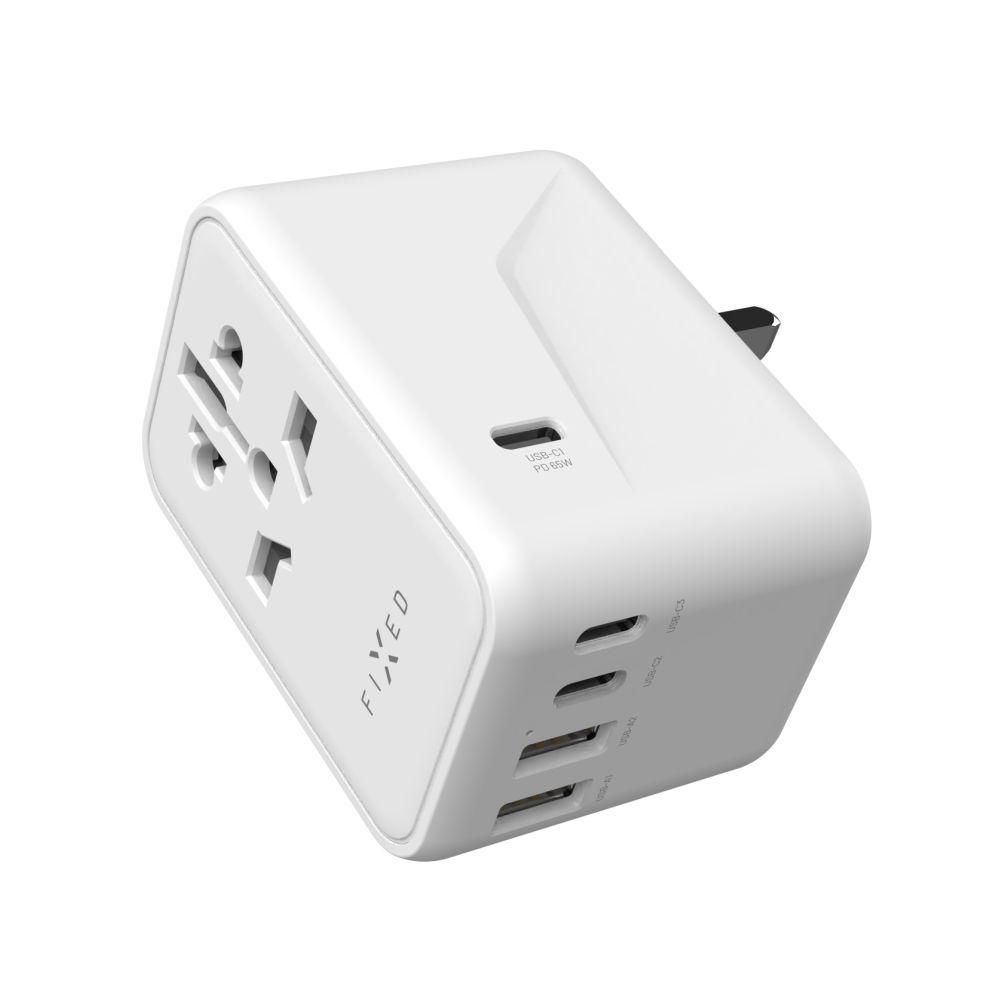 Elektro - Fixed Cestovní adaptér Voyager 65 W pro EU, UK a USA/AUS, s 3xUSB-C a 2xUSB výstupem, GaN, PD 65W, bílý