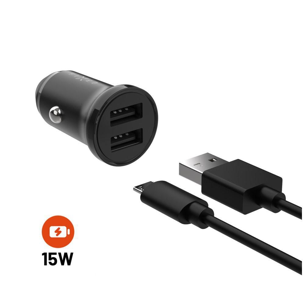 Elektro - Fixed Set autonabíječky s 2xUSB výstupem a USB/micro USB kabelu, 1 metr, 15W Smart Rapid Charge, černá