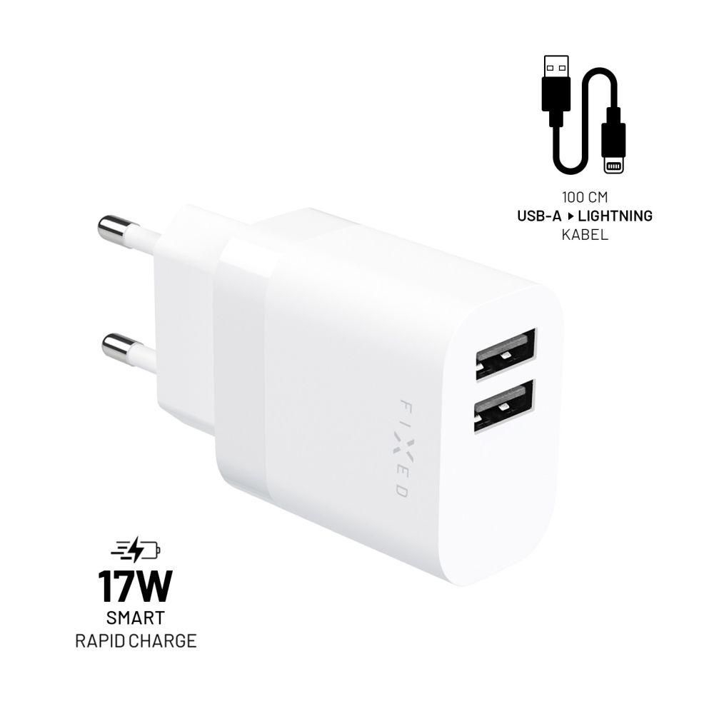 Elektro - Fixed Set síťové nabíječky s 2xUSB výstupem a USB/Lightning kabelu, 1 metr, MFi, 17W Smart Rapid Charge, bílá