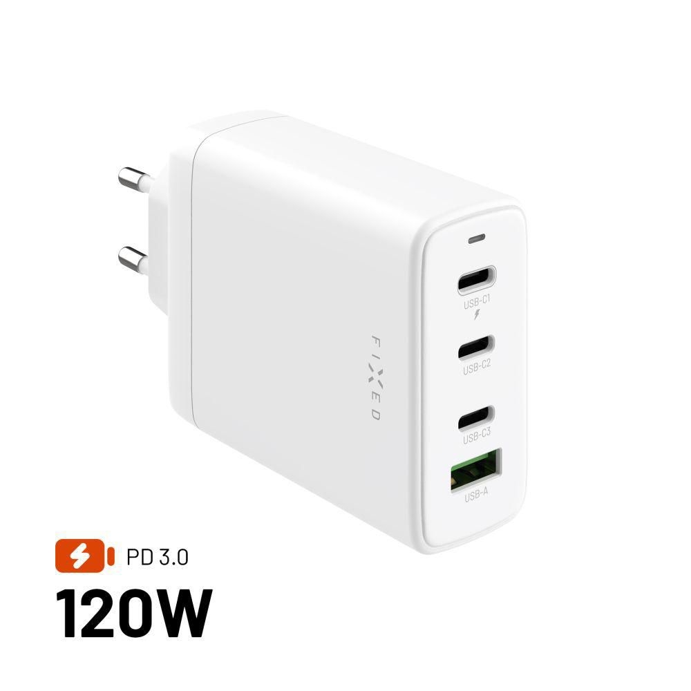 Elektro - Fixed Síťová GaN nabíječka s 3xUSB-C a USB výstupem, 120W, bílá