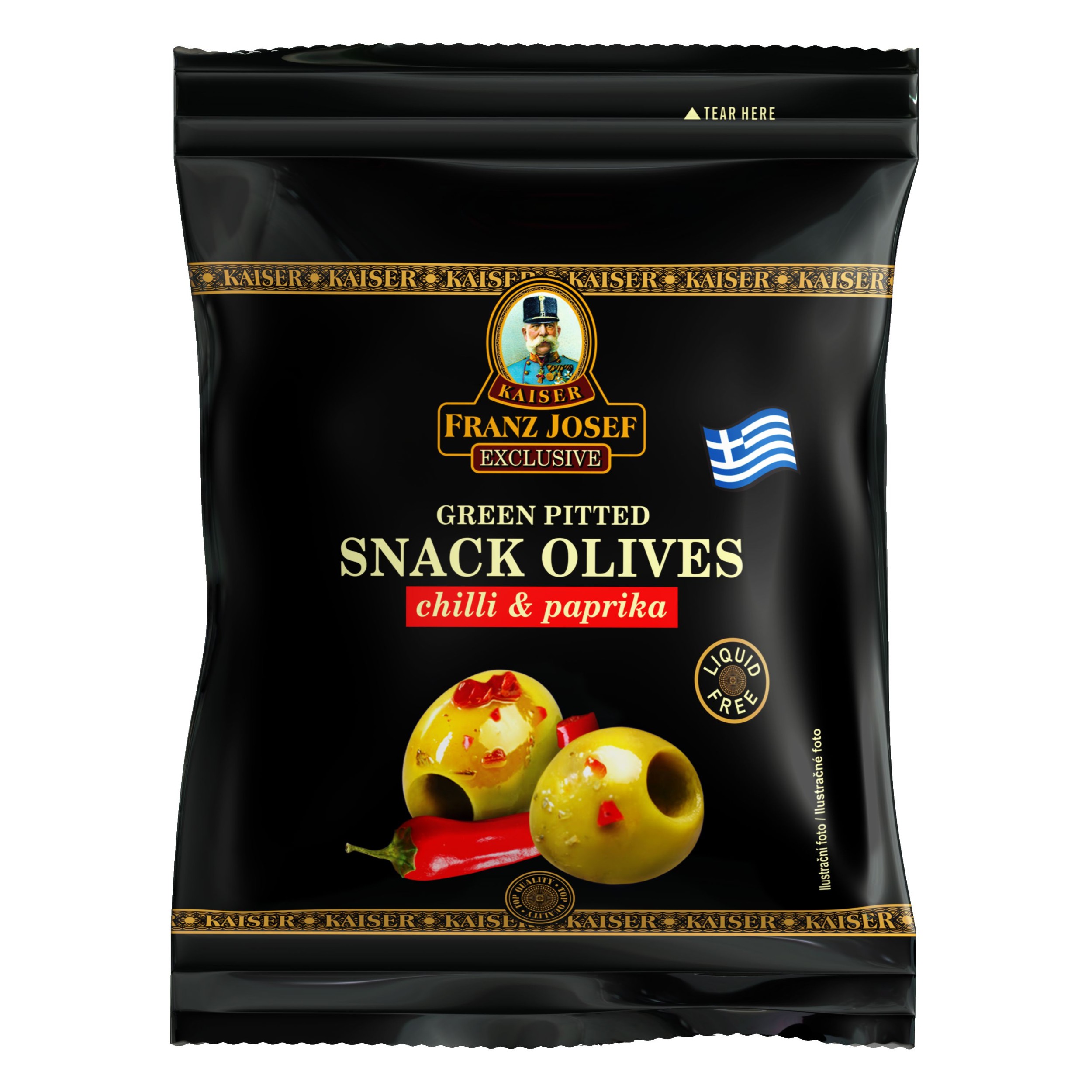 Trvanlivé potraviny - Franz Josef Kaiser Olivy zelené s chilli a paprikou 70g