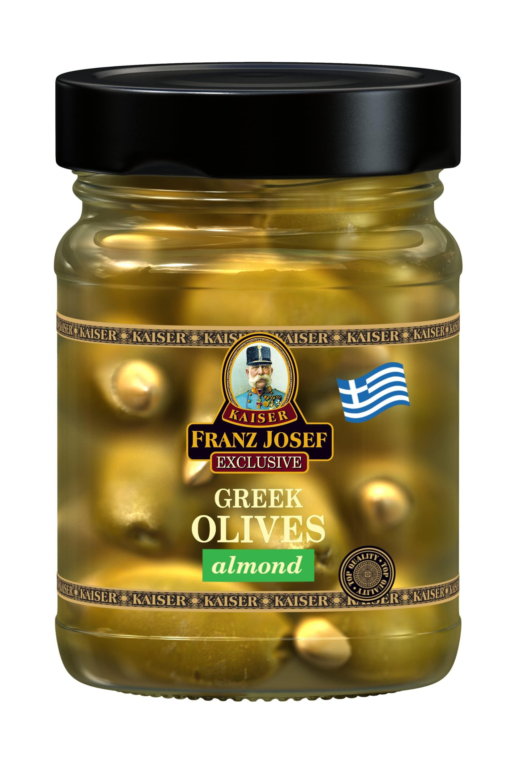 Trvanlivé potraviny - Franz Josef Kaiser Řecké zelené olivy plněné mandlemi ve slaném nálevu 250 g