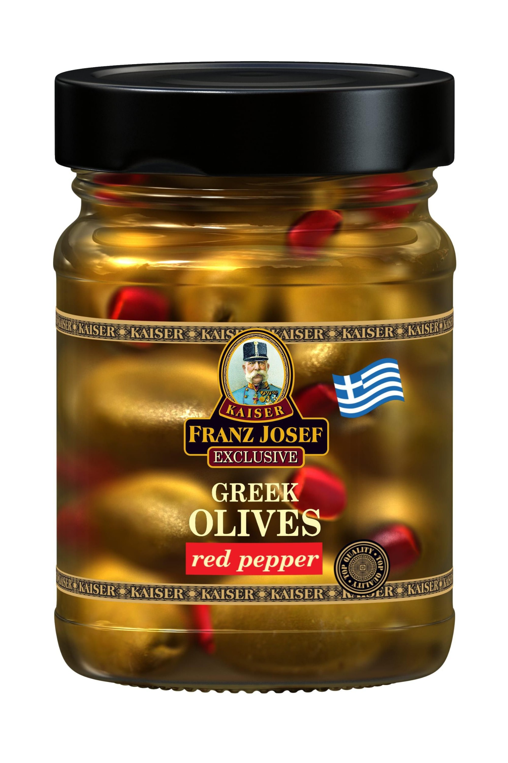 Trvanlivé potraviny - Franz Josef Kaiser Řecké zelené olivy plněné paprikou ve slaném nálevu 250 g