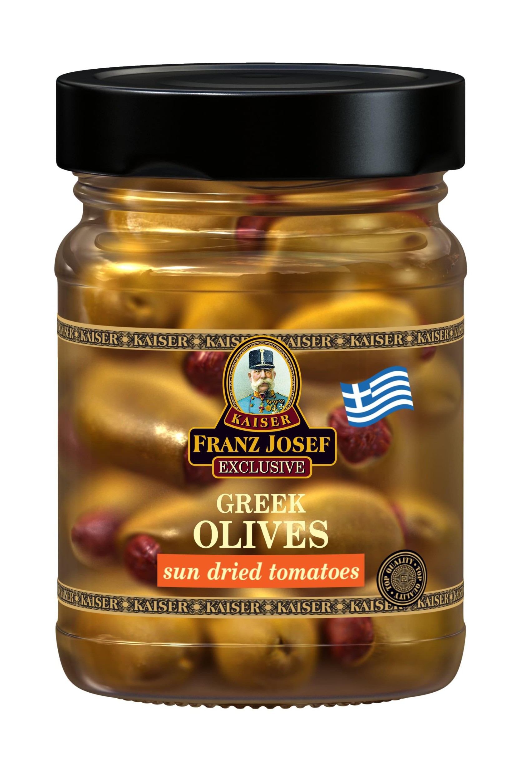 Trvanlivé potraviny - Franz Josef Kaiser Řecké zelené olivy plněné sušenými rajčaty ve slaném nálevu 250 g