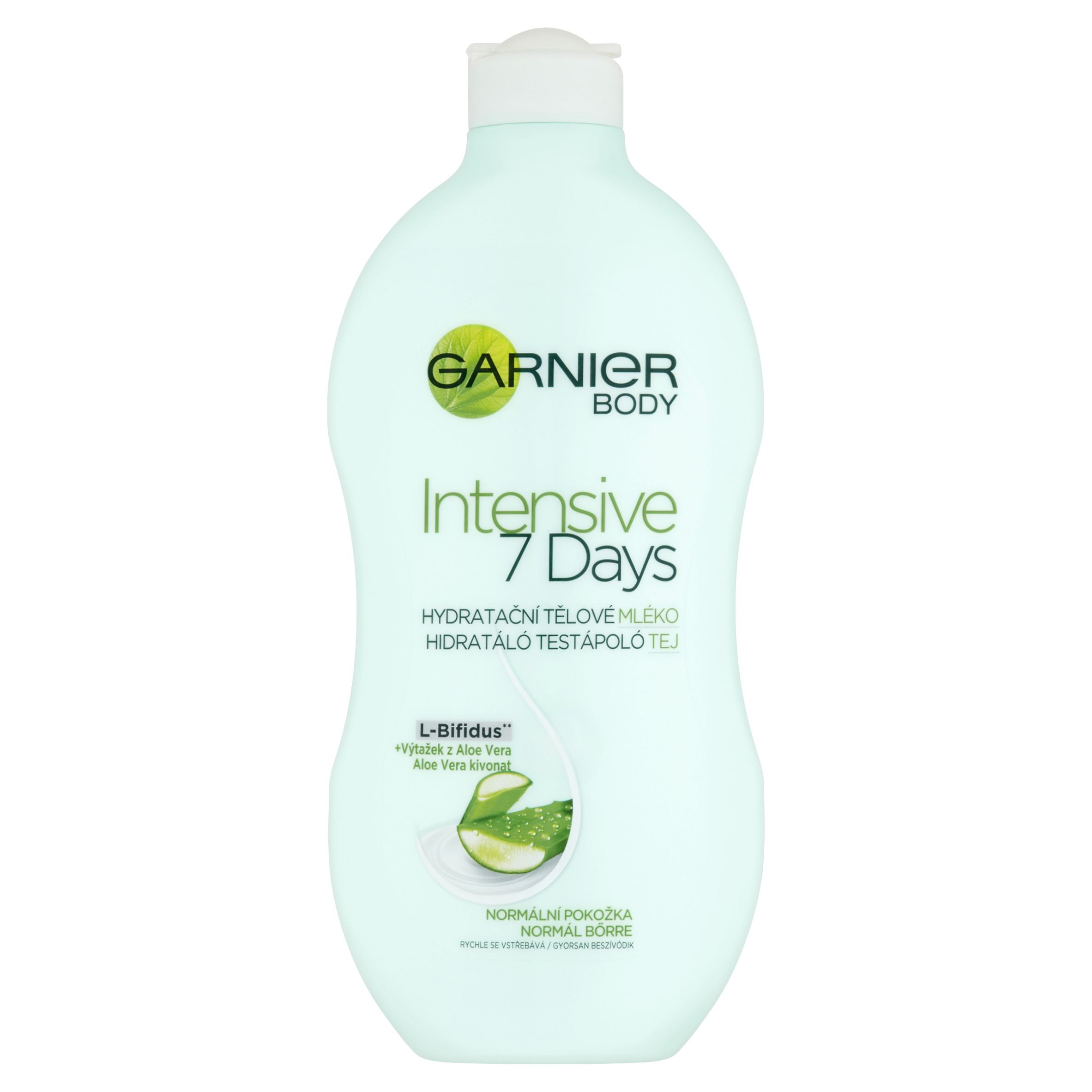 Drogerie a kosmetika - Garnier Body Intensive 7 Days hydratační tělové mléko s výtažkem z aloe vera, normální pokožka 400ml