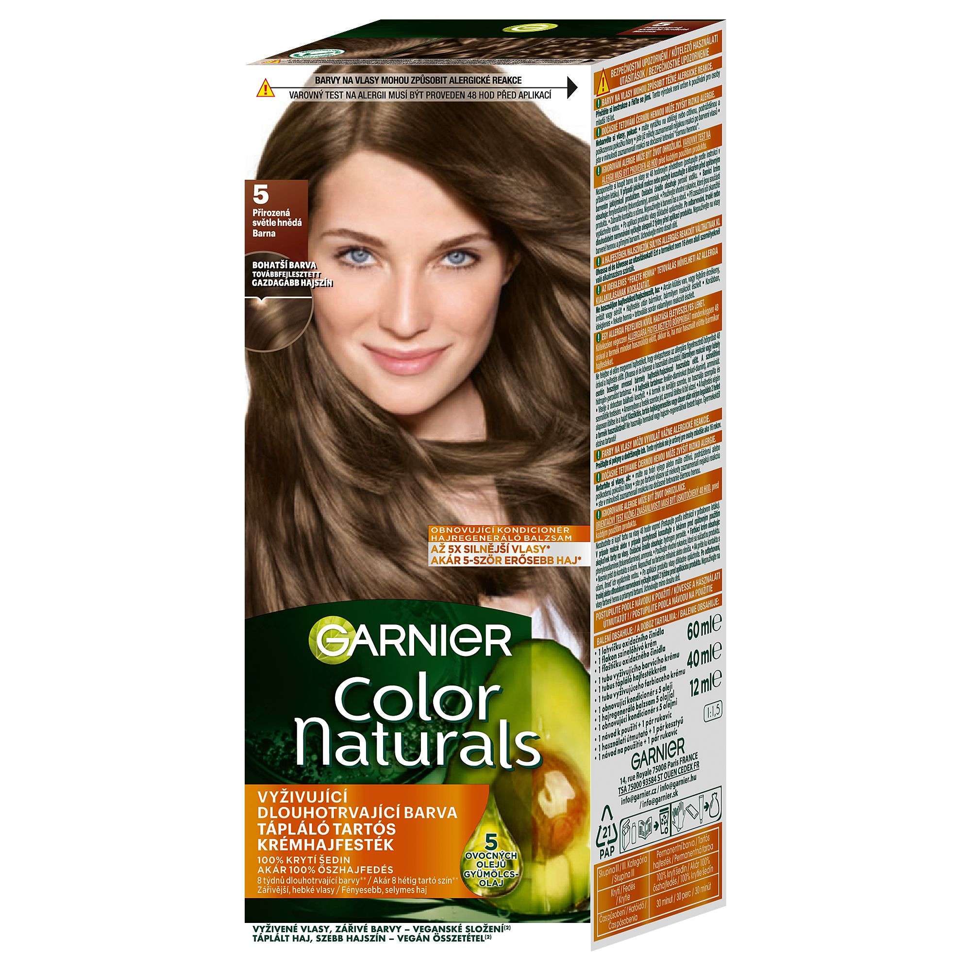Drogerie a kosmetika - Garnier Color Naturals permanentní barva na vlasy 5 Přirozená světle hnědá 60+40+12 ml, 1ks