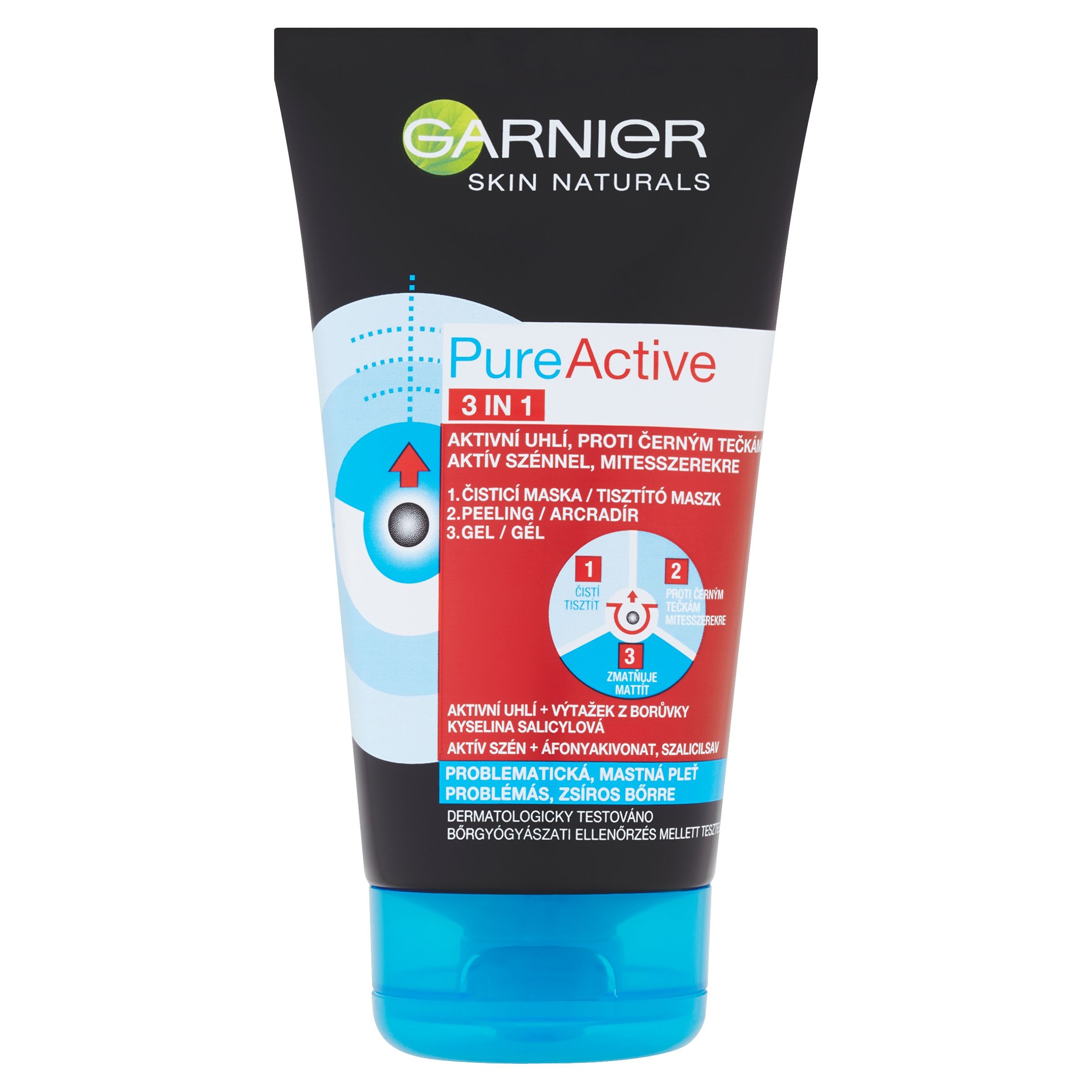 Drogerie a kosmetika - Garnier Skin Naturals Pure Active 3v1 aktivní uhlí proti černým tečkám 150 ml