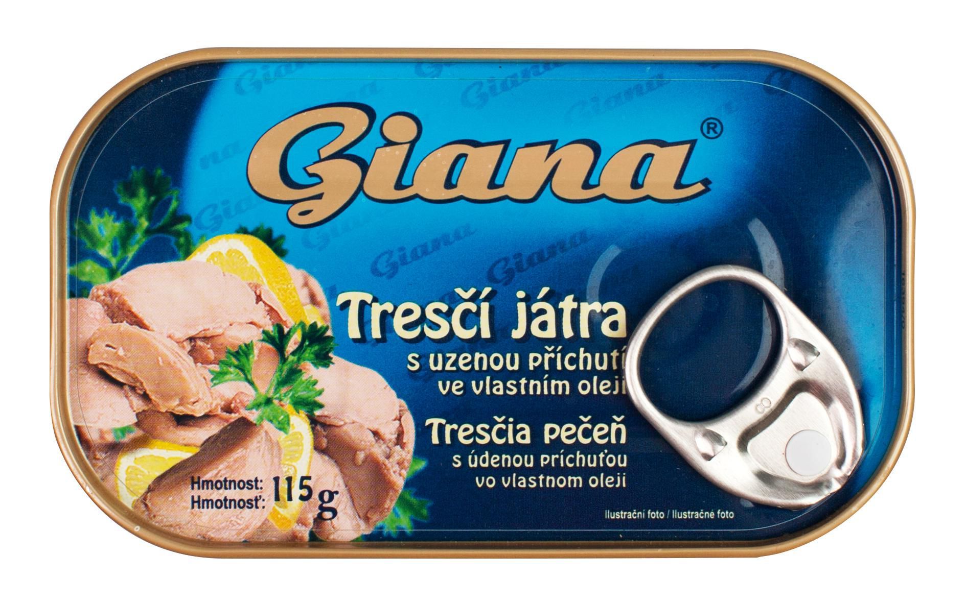 Trvanlivé potraviny - Giana Tresčí játra s uzenou příchutí ve vlastním oleji 115 g