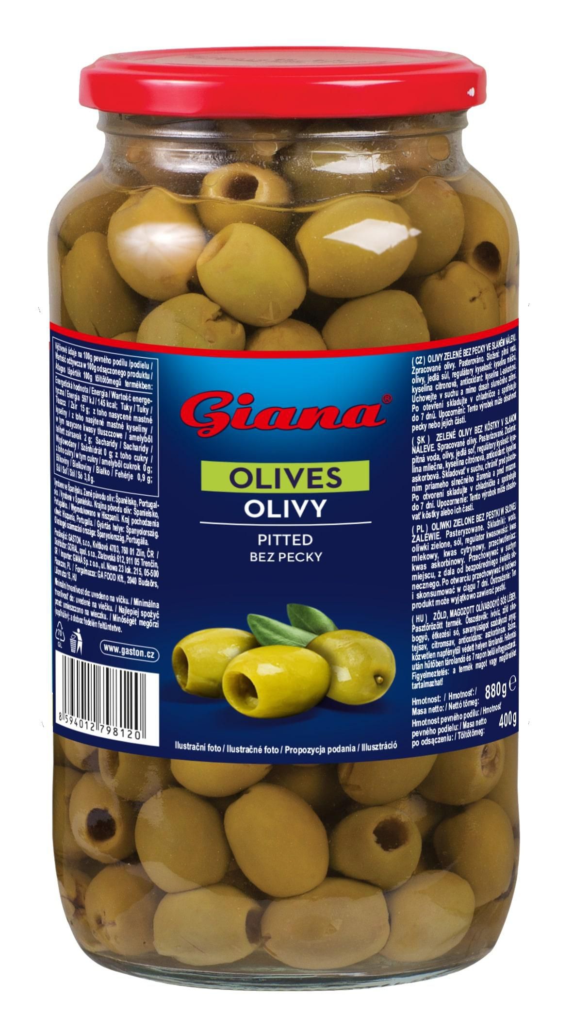 Trvanlivé potraviny - Giana Zelené olivy bez pecky 880 g