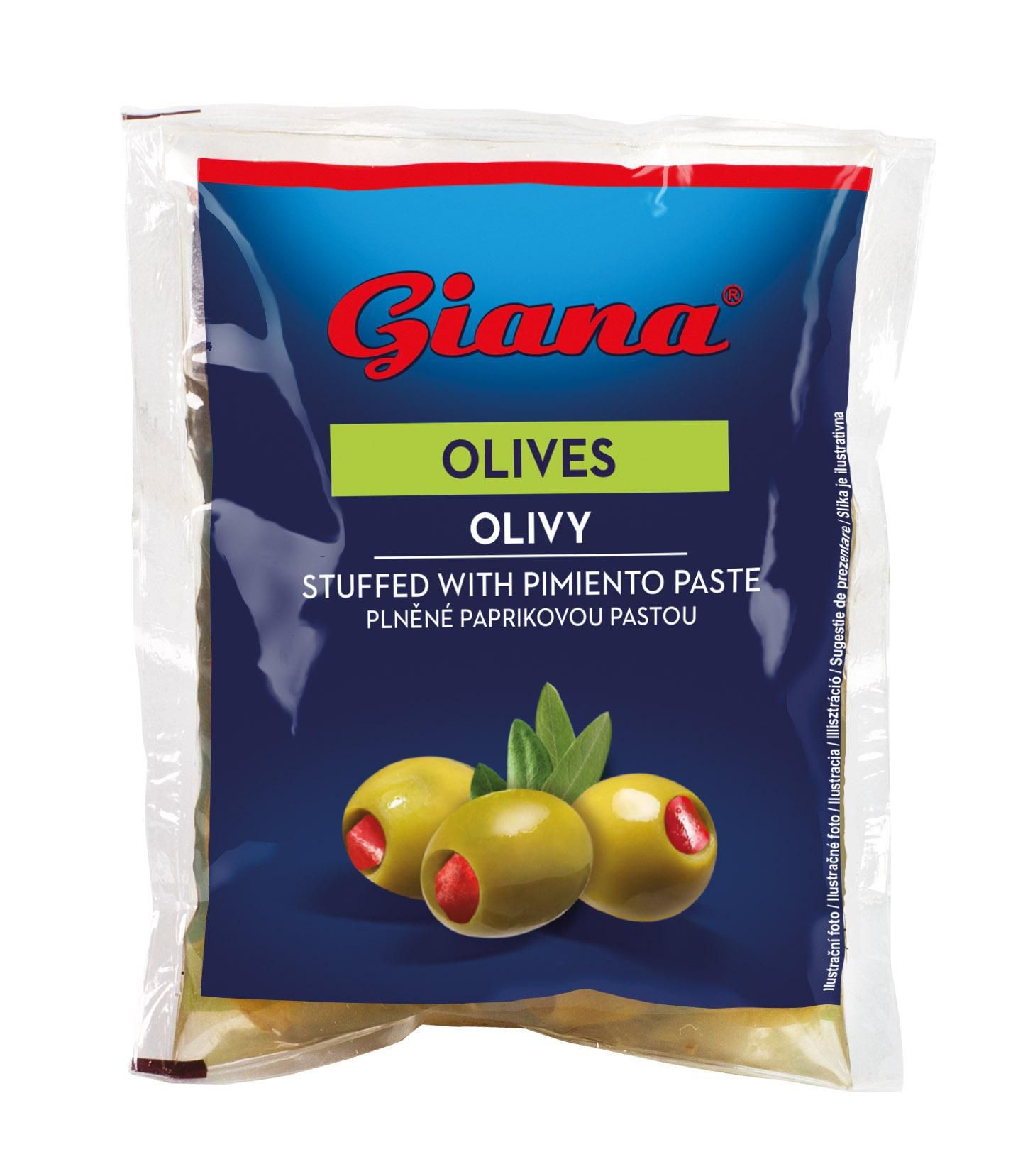 Trvanlivé potraviny - Giana Zelené olivy plněné paprikovou pastou 195g