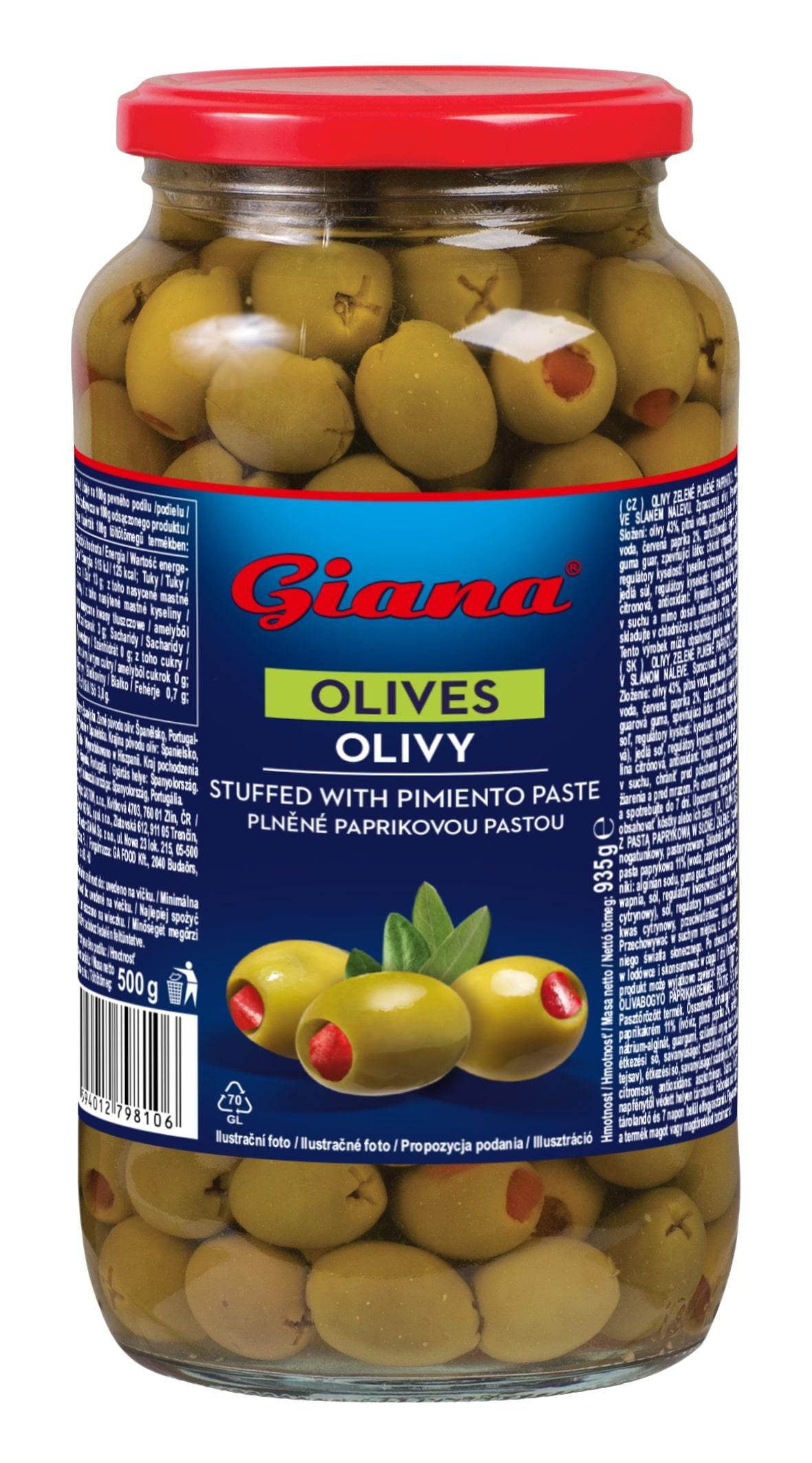 Trvanlivé potraviny - Giana Zelené olivy plněné paprikovou pastou 935g