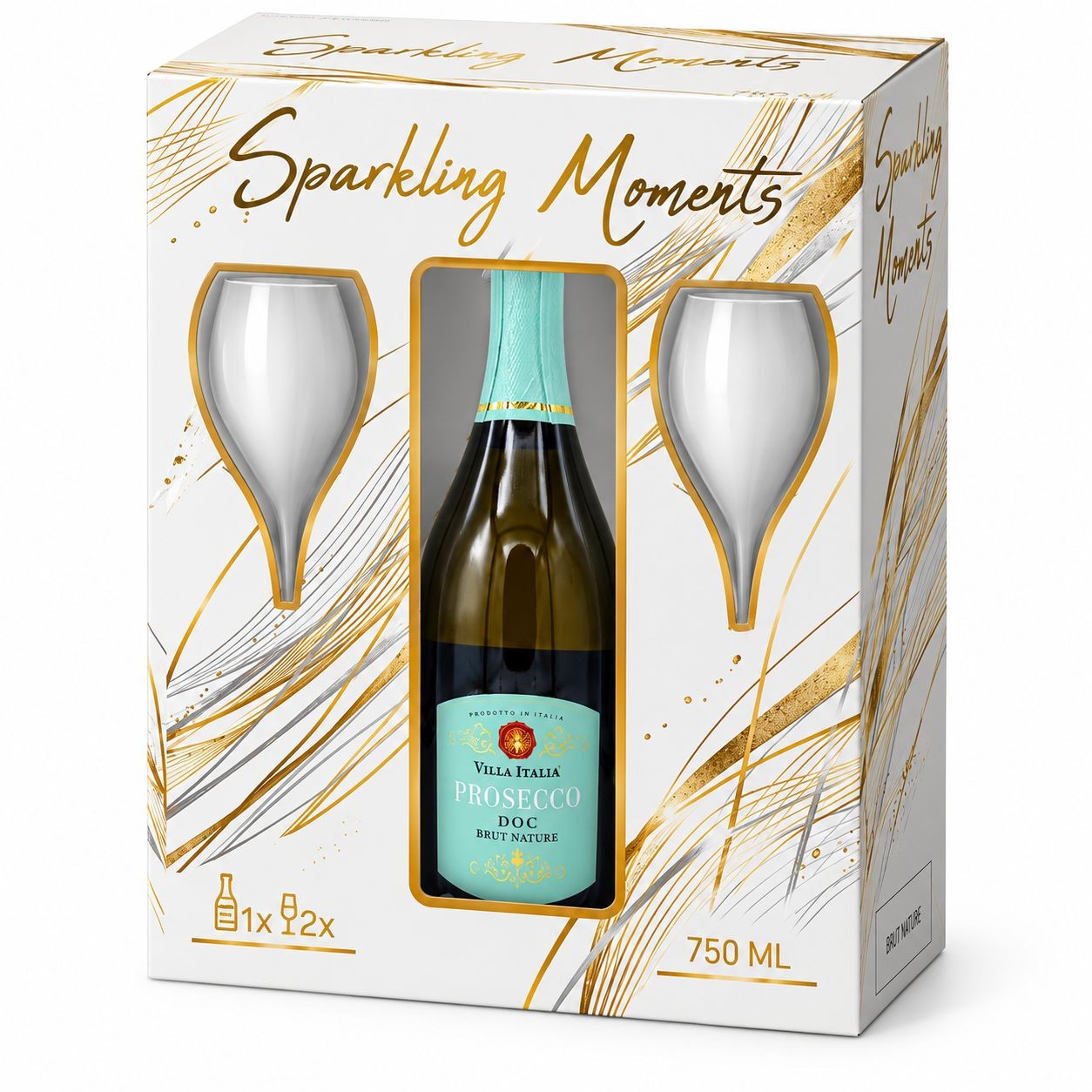 Nápoje - Giftbox Villa Italia Prosecco Brut Nature 0,75l + 2 Skleničky