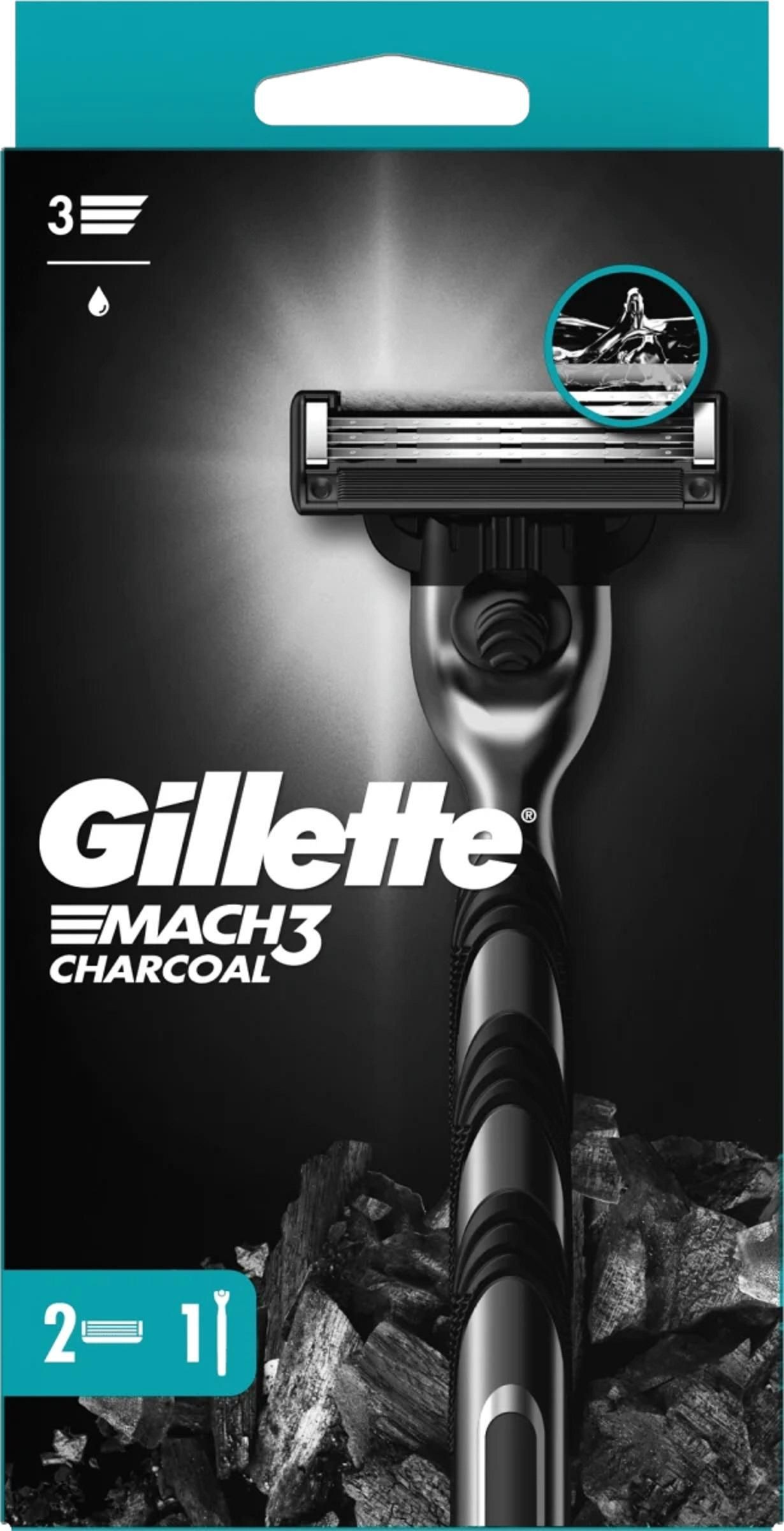 Drogerie a kosmetika - Gillette Mach3 Charcoal Holicí strojek pro muže + 2 Náhradní holicí hlavice