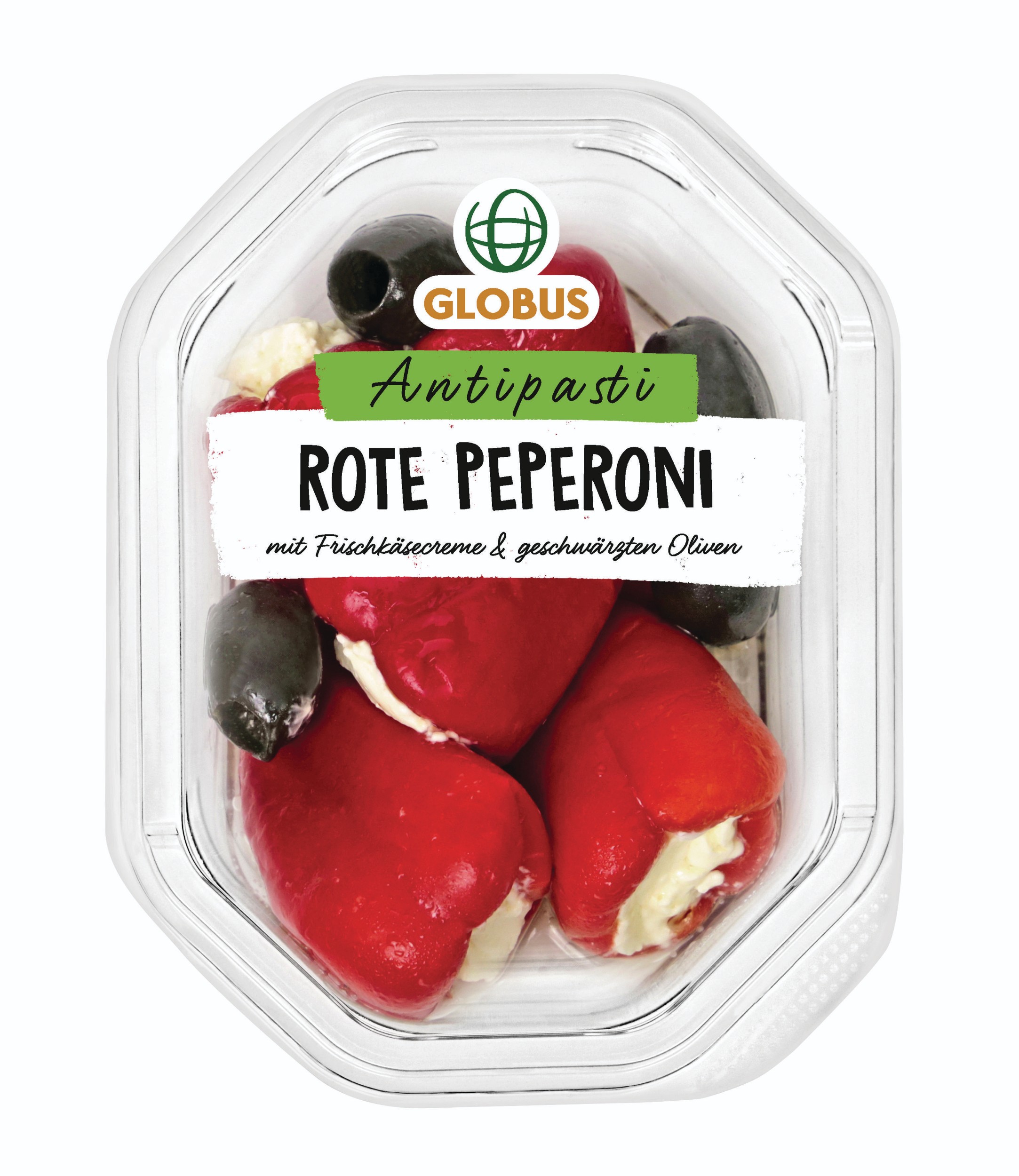 Uzeniny a lahůdky - Globus Červené papriky plněné čerstvým sýrem a černé olivy 150g