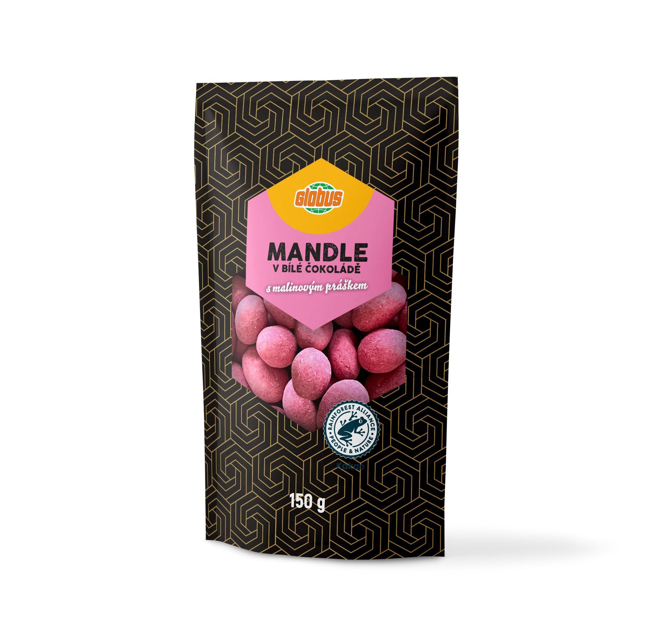 Globus Mandle v bílé čoko s malinovým práškem 150g