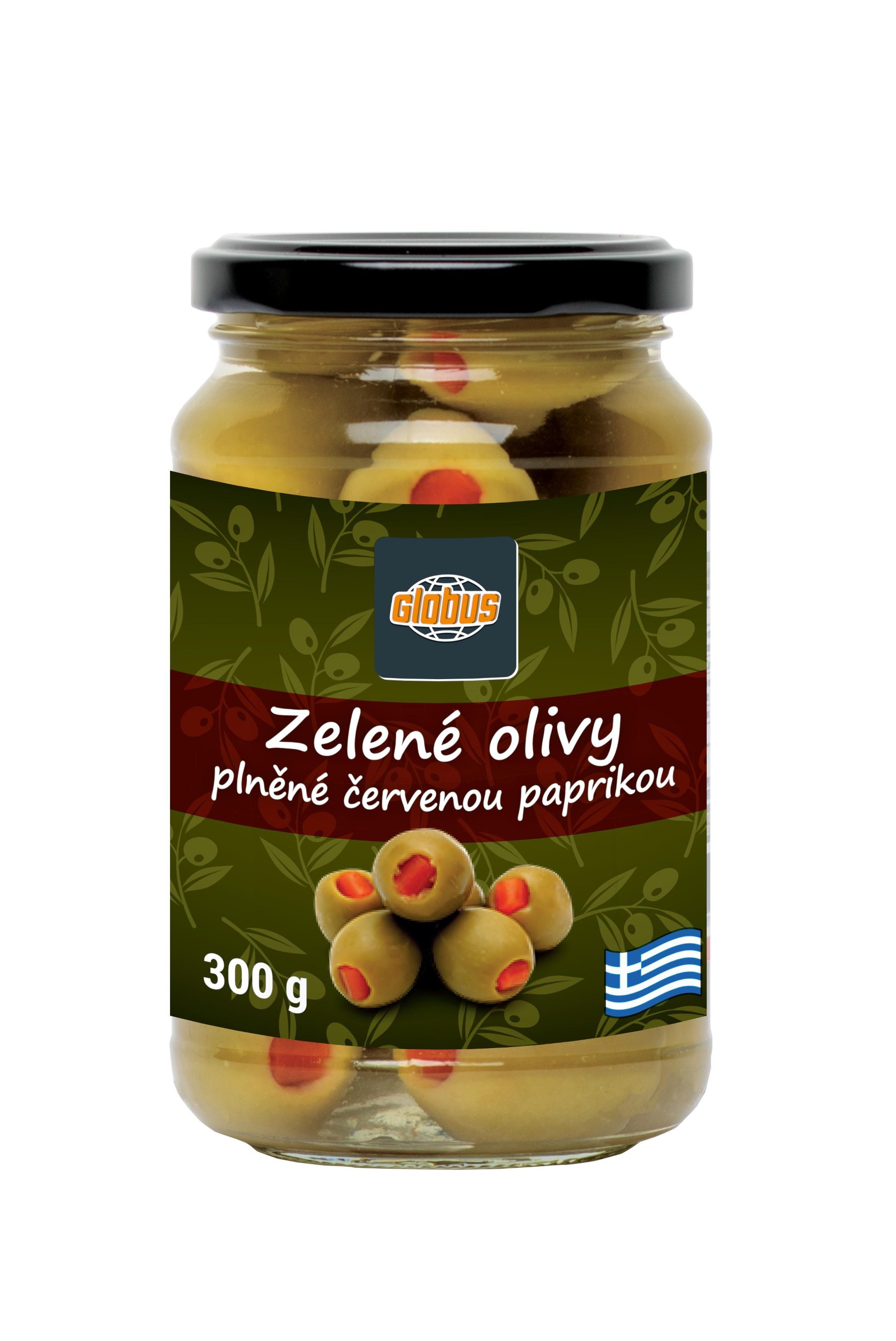 Trvanlivé potraviny - Globus Zelené olivy plněné červenou paprikou 300g