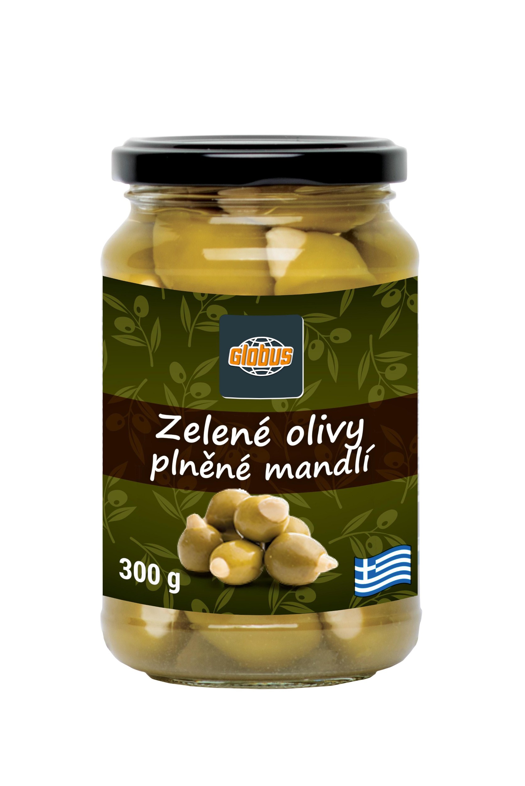 Trvanlivé potraviny - Globus Zelené olivy plněné mandlí 300g