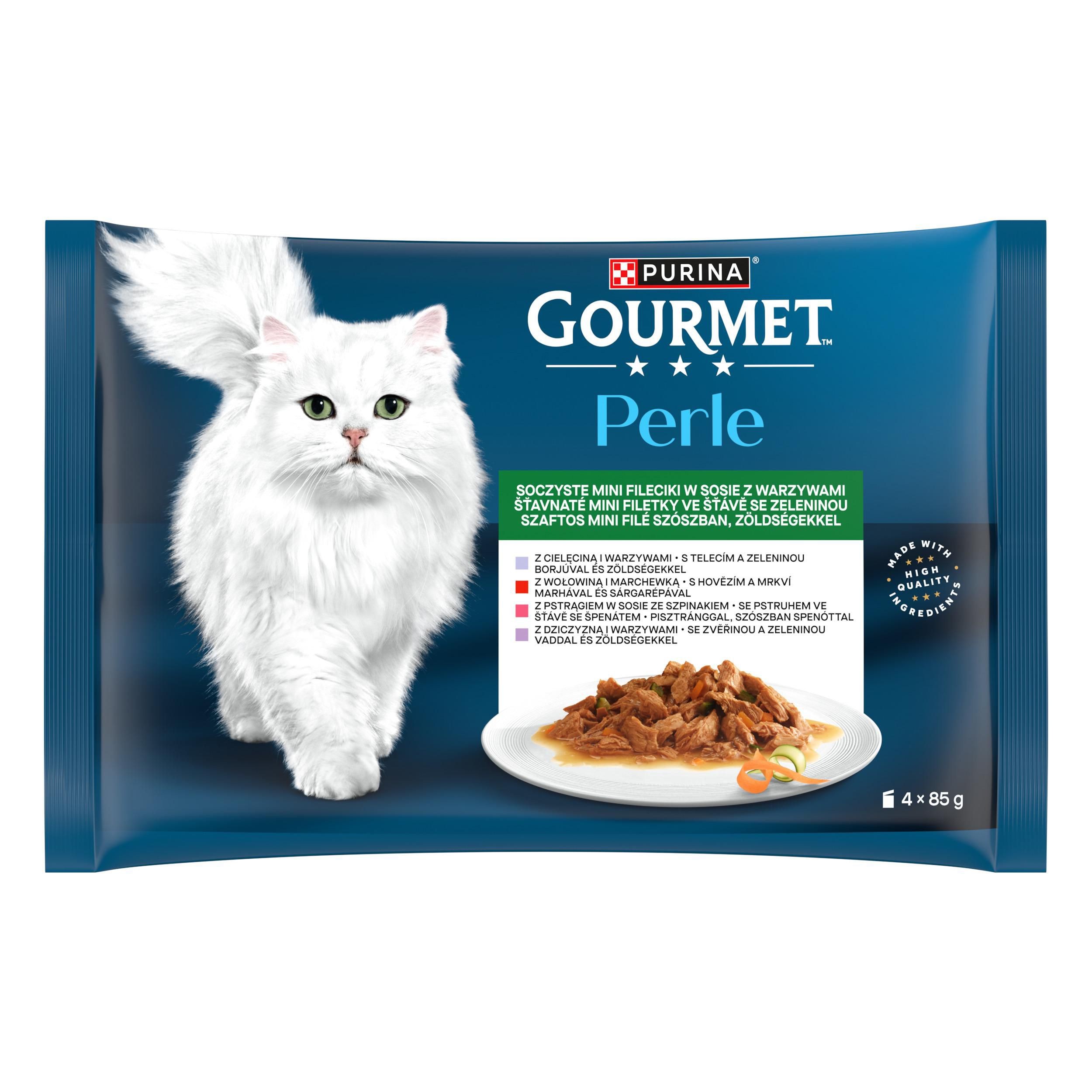Svět zvířat - Gourmet Perle mini filetky telecí se zeleninou, zvěřina se zeleninou, hovězí s mrkví, pstruh se špenátem ve šťávě 4x 85 g