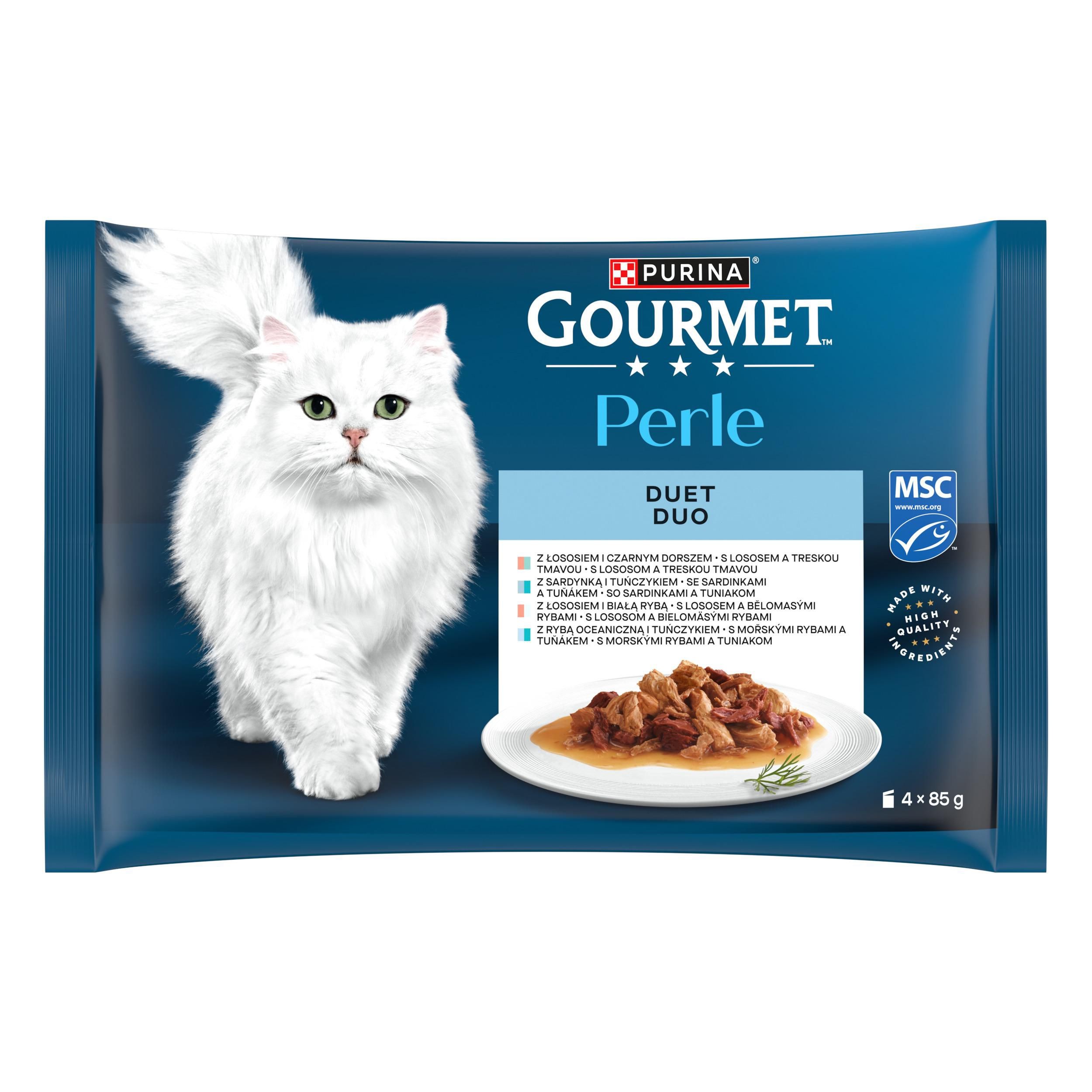 Svět zvířat - Gourmet Perle multipack 4x85g losos s treskou/mořské ryby s tuňákem/losos s bělomasými rybami/sardinky s tuňákem