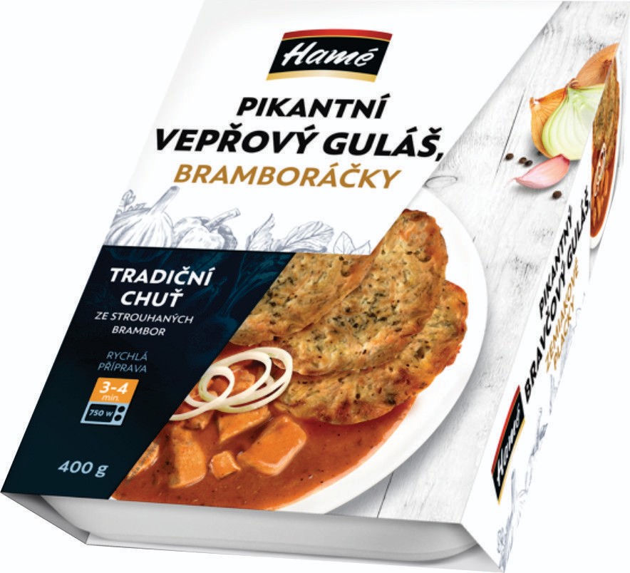 Hotová jídla - Hamé Pikantní vepřový guláš s bramboráčky 400g
