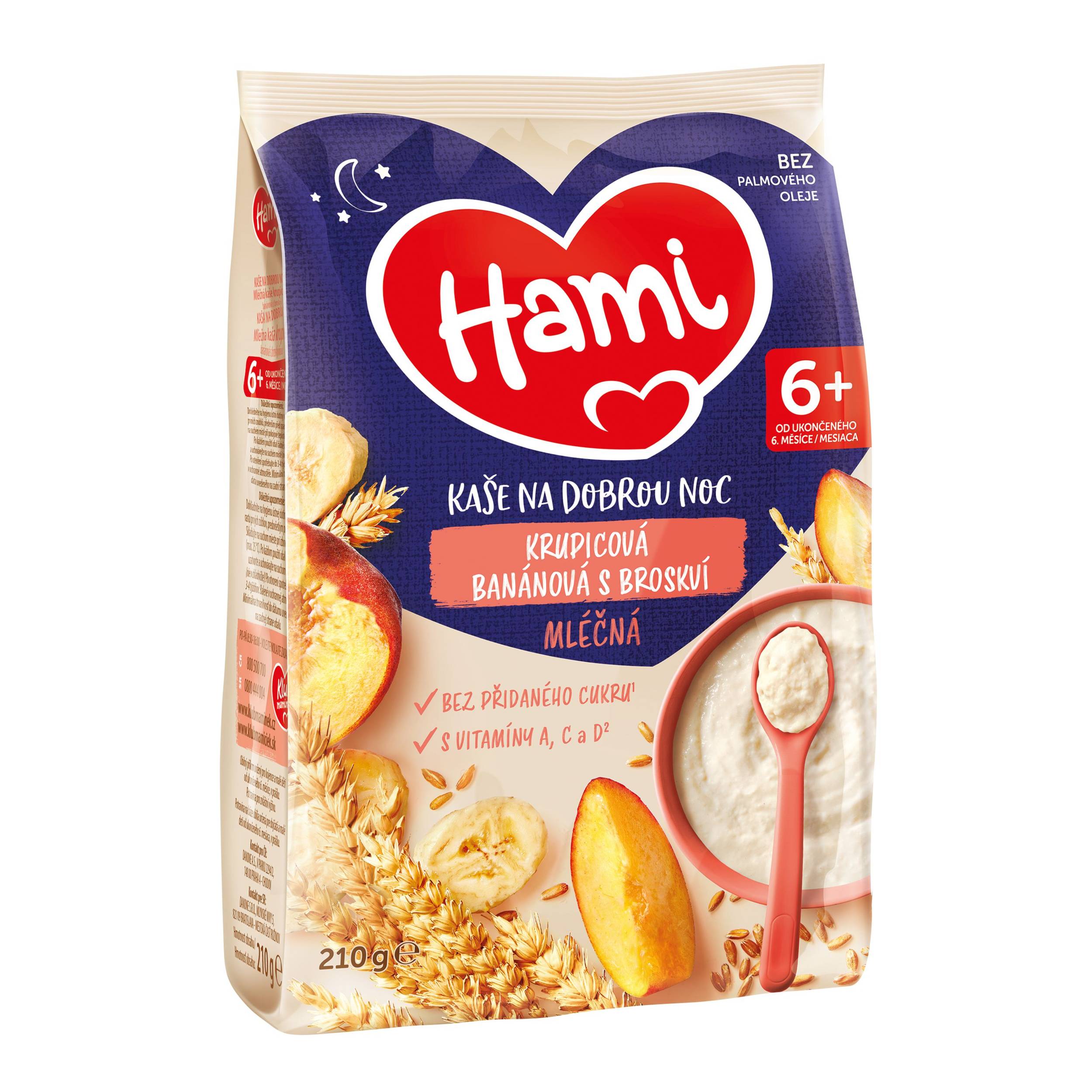 Svět dětí - Hami mléčná kaše krupicová banánová s broskví na dobrou noc 6+, 210g