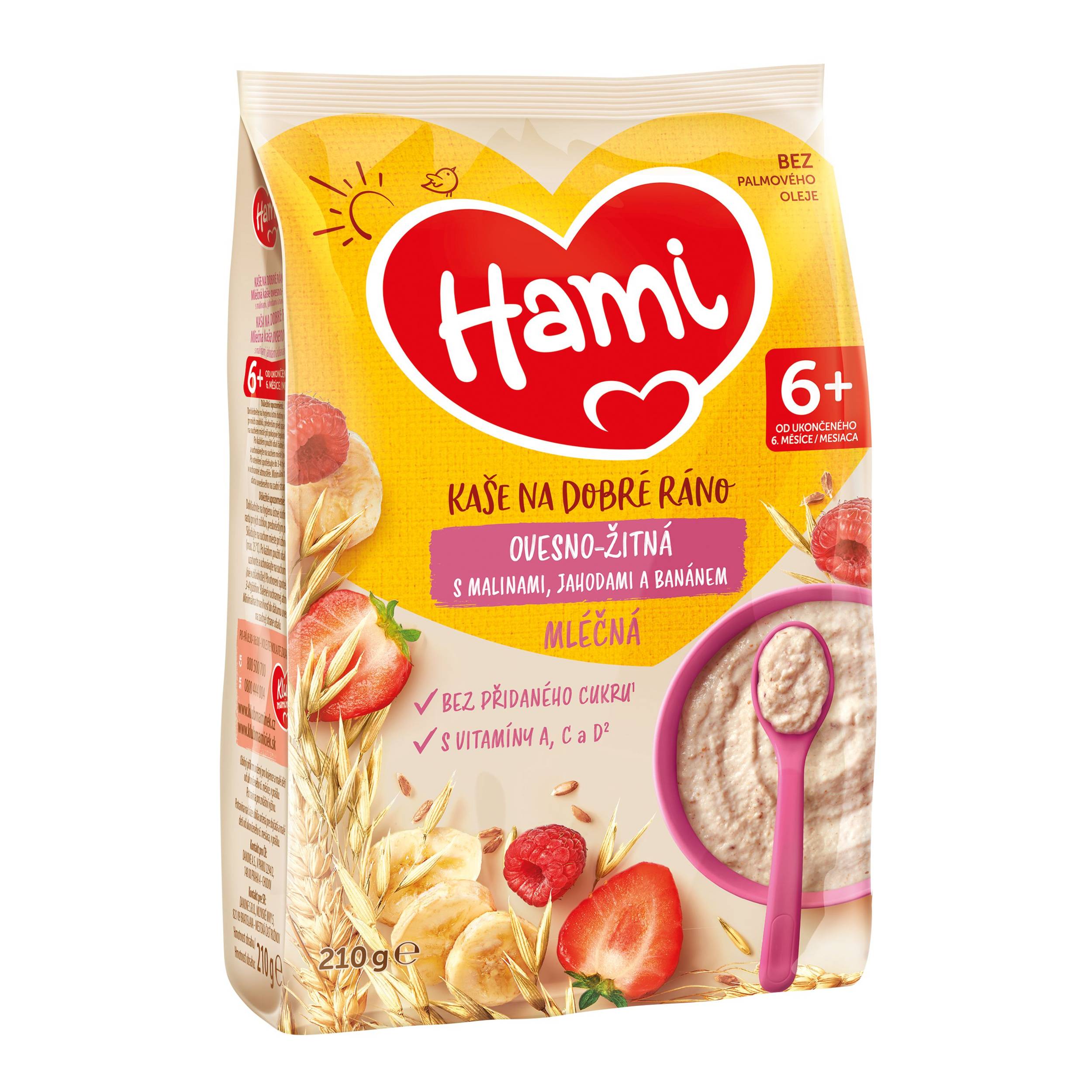 Svět dětí - Hami mléčná kaše ovesno-žitná s banánem, jahodami a malinami 6+, 210g