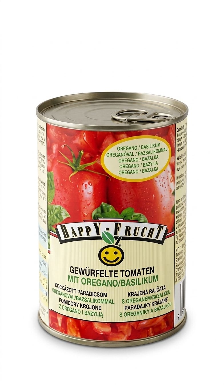 Trvanlivé potraviny - Happy Frucht Rajčata loupaná krájená oregáno a bazalka 400 g