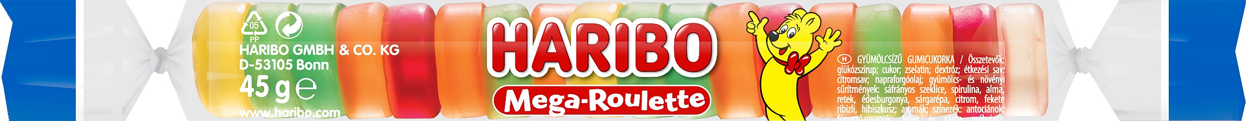 Trvanlivé potraviny - Haribo Mega-roulette želé s ovocnými příchutěmi 45 g