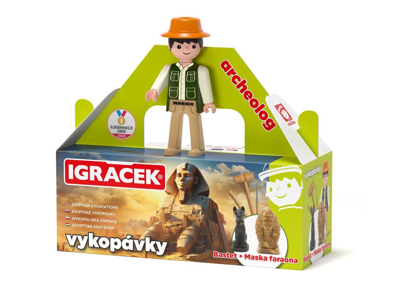 Svět dětí - Igráček Archeolog - figurka s egyptskými vykopávkami masky faraona a sošky bohyně Bastet