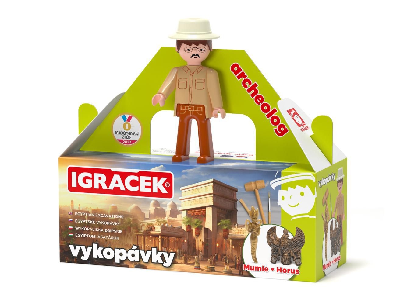 Svět dětí - Igráček Archeolog - figurka s egyptskými vykopávkami mumie a sošky boha Hora