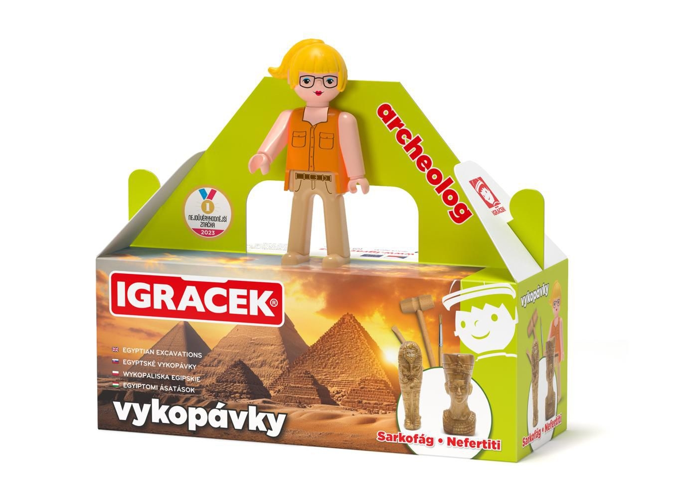 Svět dětí - Igráček Archeoložka - figurka s egyptskými vykopávkami sarkofágu a sošky Nefertiti