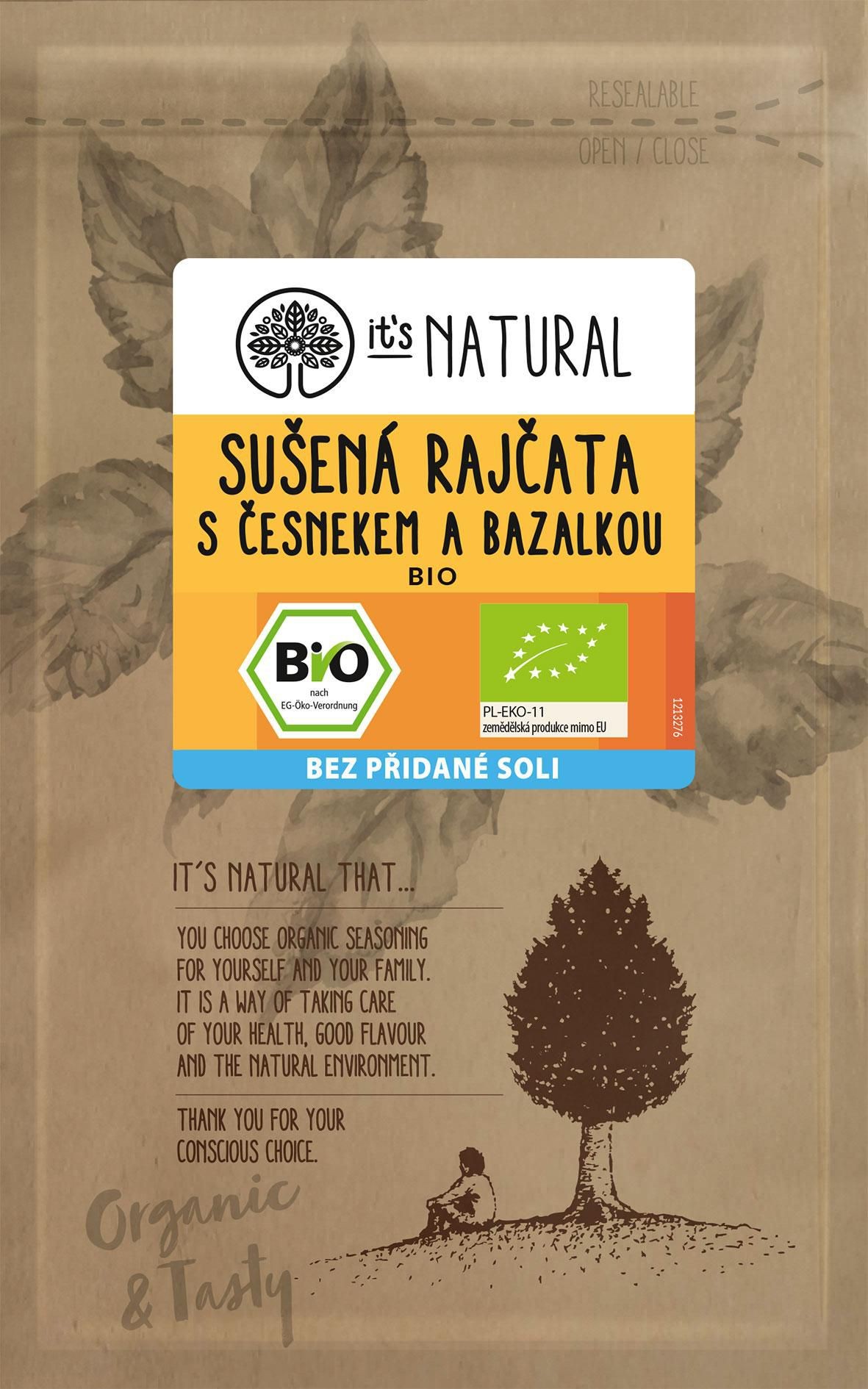 Trvanlivé potraviny - It´s Natural Bio Sušená rajčata s česnekem a bazalkou 20g