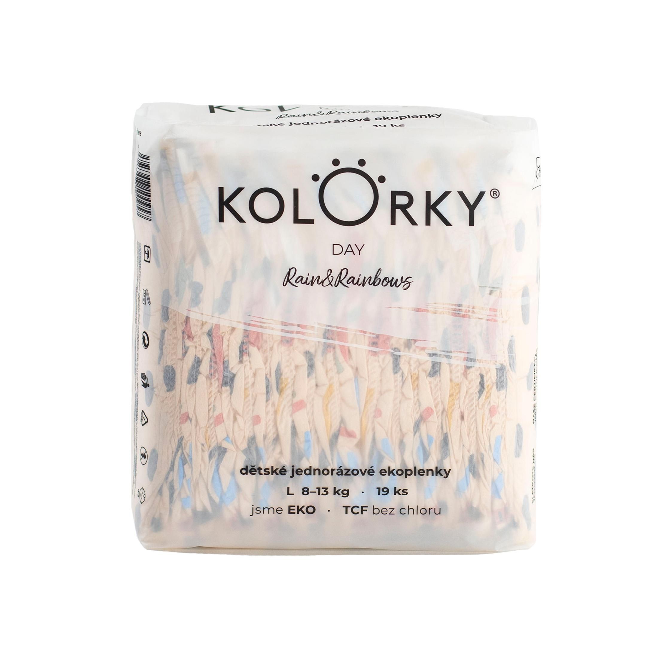 Svět dětí - KOLORKY Day déšť a duhy vel. L (8-13 kg) jednorázové eko plenky 19 ks