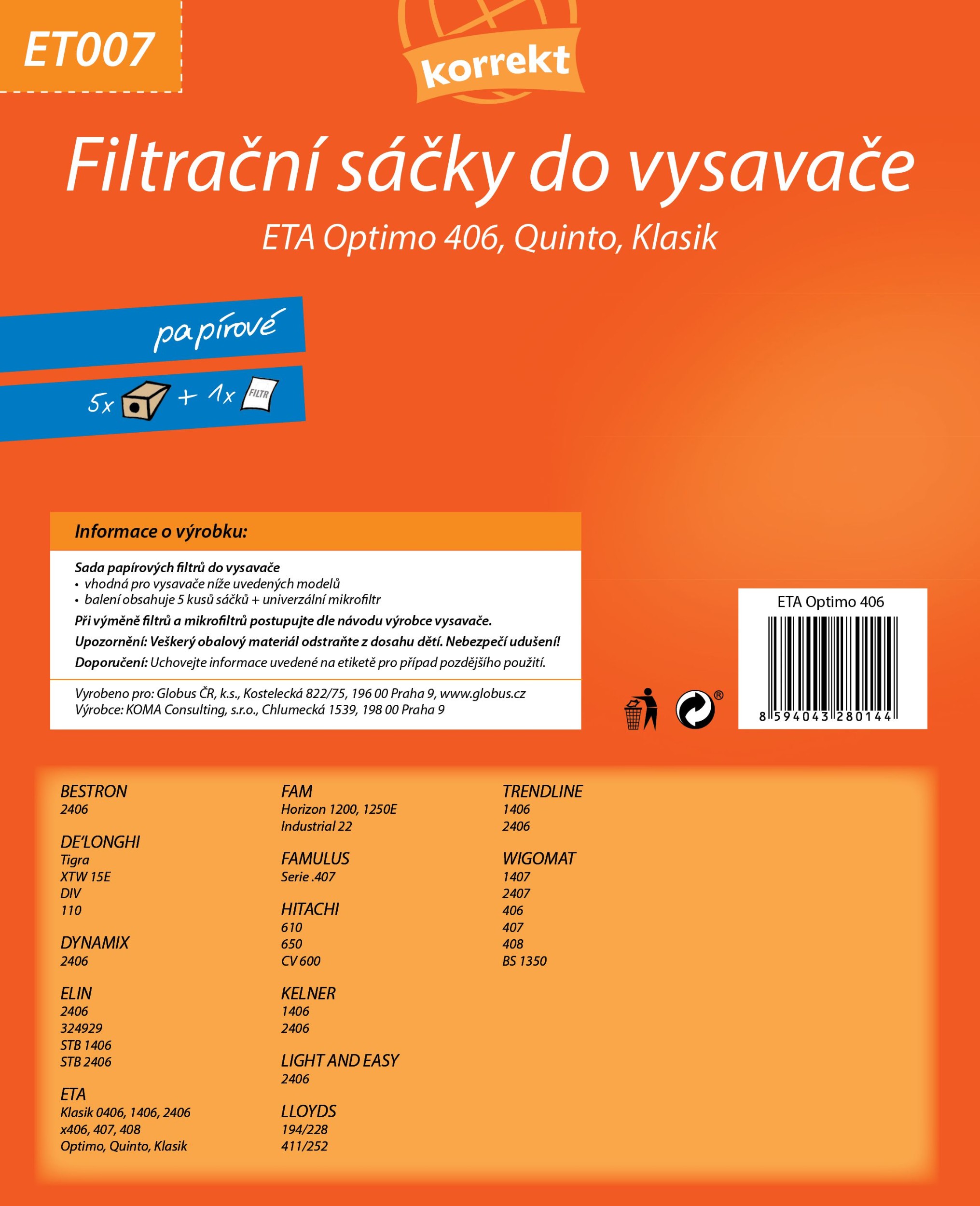 Elektro - Korrekt Sáčky do vysavače ET007 - ETA Optimo 406