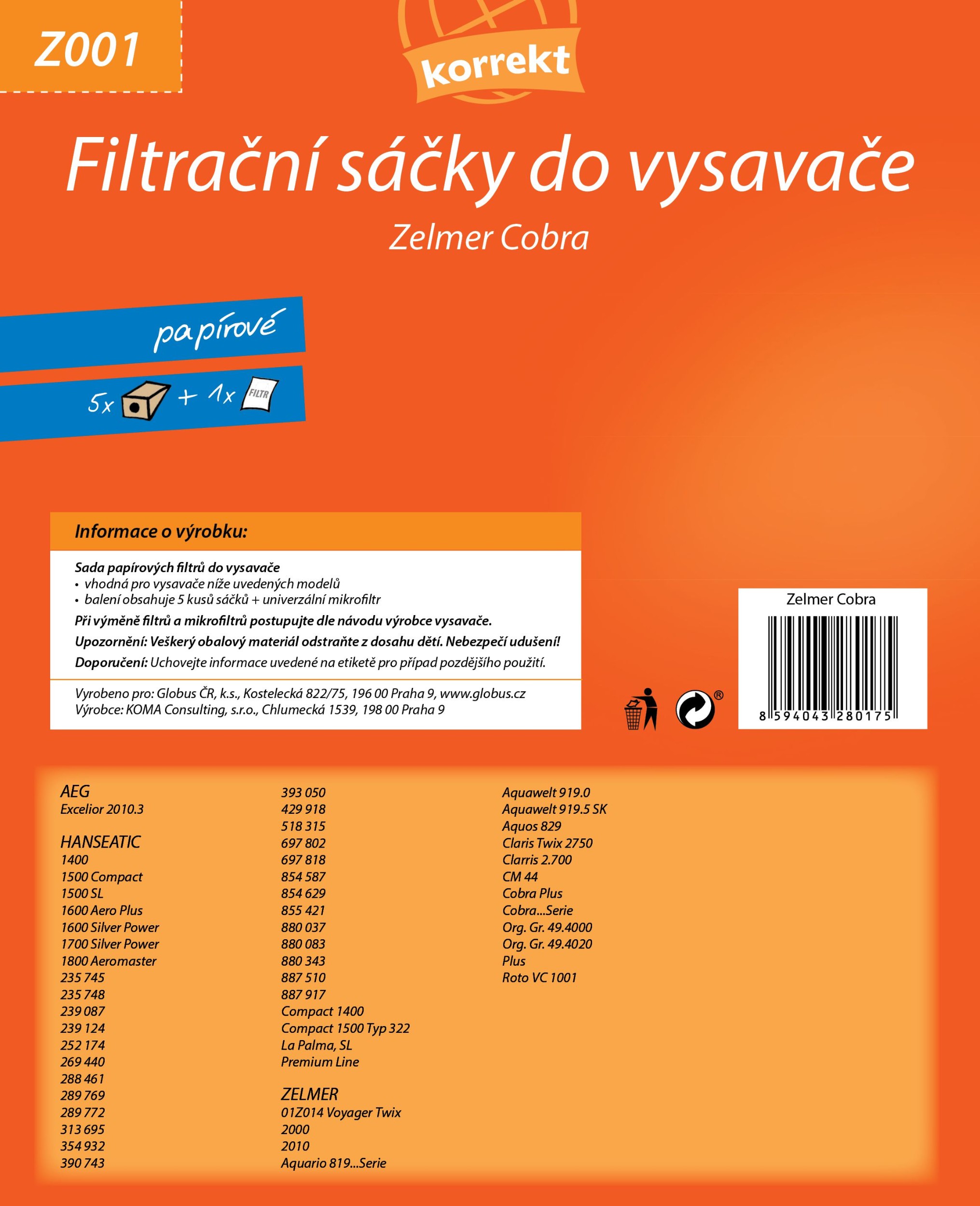 Elektro - Korrekt Sáčky do vysavače Z001 - Zelmer Cobra