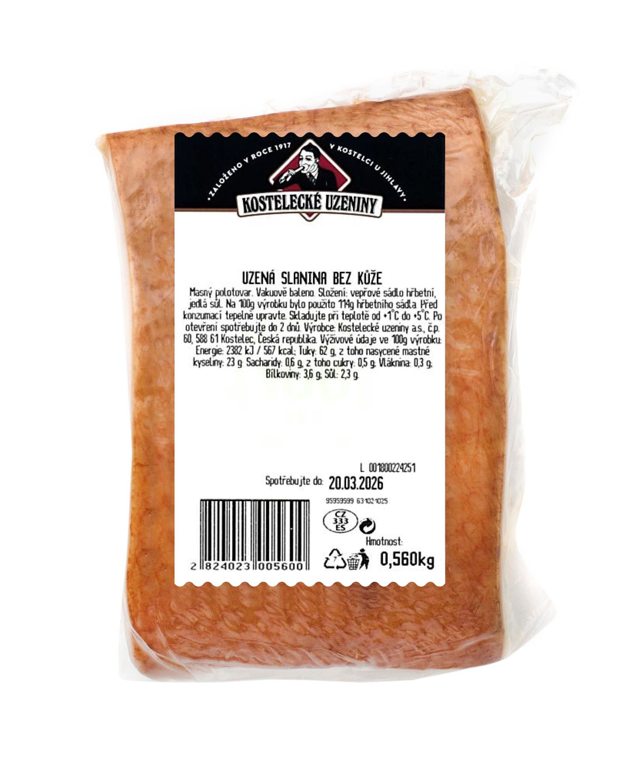Uzeniny a lahůdky - Kostelecké Uzeniny Uzená slanina bez kůže - cca 200 g