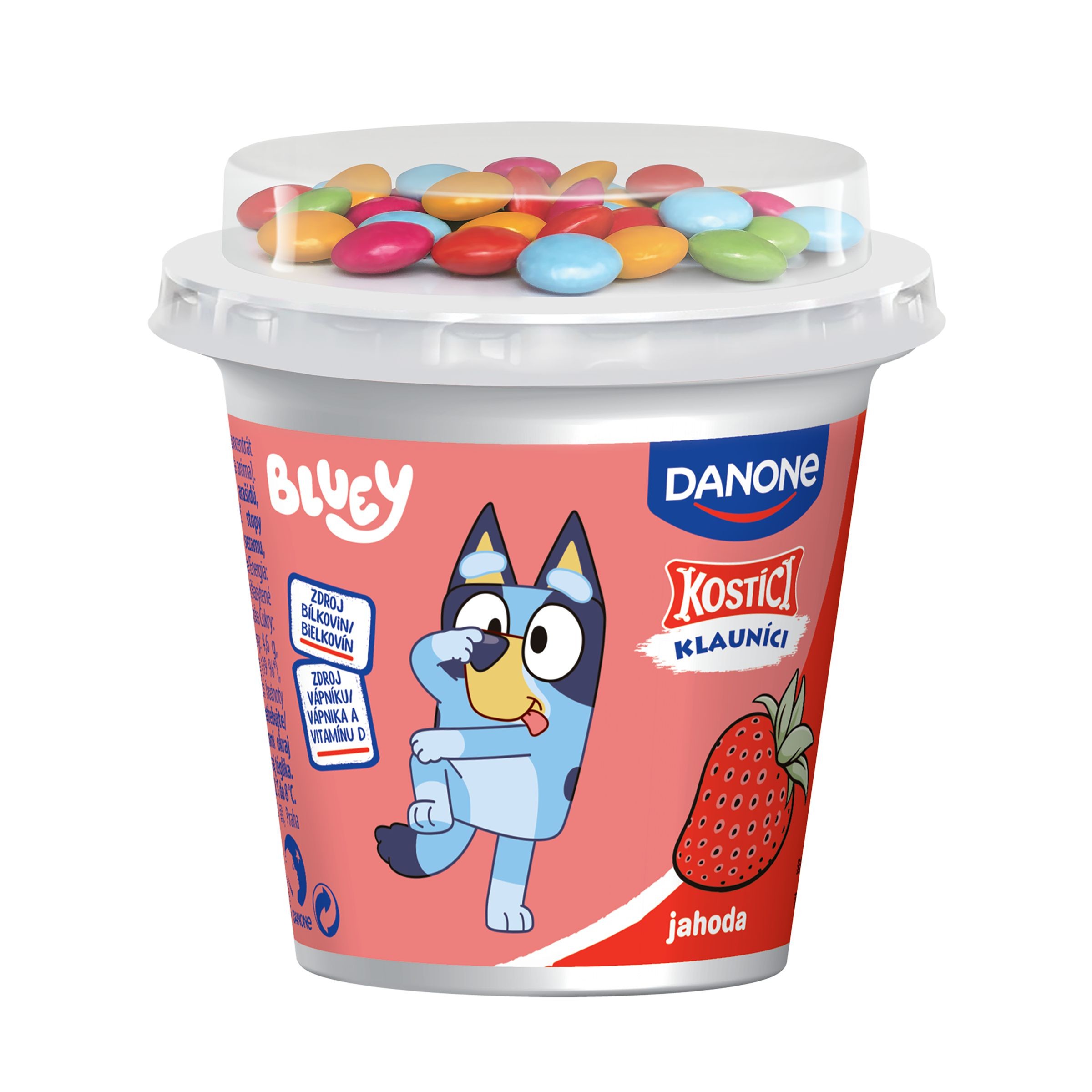 Mléčné a chlazené - Kostíci Klauníci (jahodový jogurt a čokoládové dražé) 109g