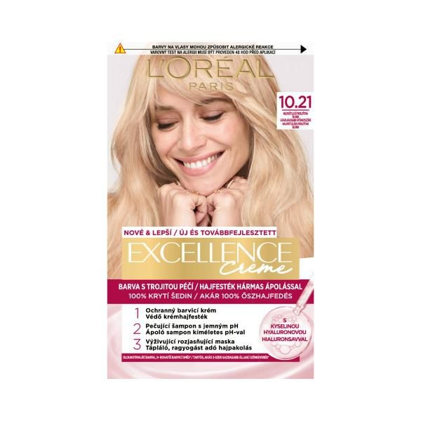 Drogerie a kosmetika - L'Oréal Paris Excellence 10.21 Nejsvětlejší perleťová blond 72ml + 48ml + 12ml + 60ml, 1ks