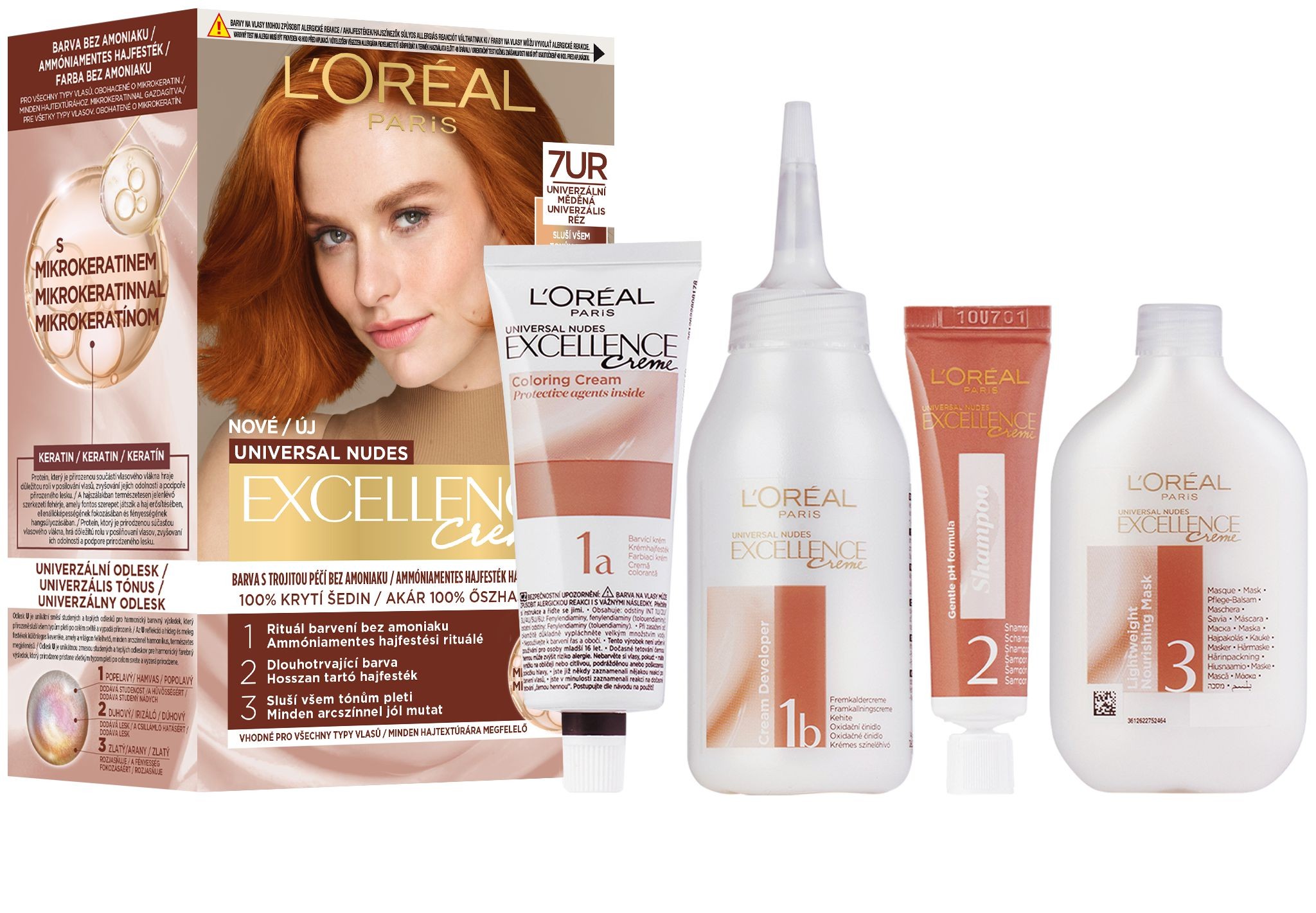 Drogerie a kosmetika - L'Oréal Paris Excellence Nudes Copper 7UR Univerzální měděná 72ml + 48ml + 12ml + 60ml, 1ks