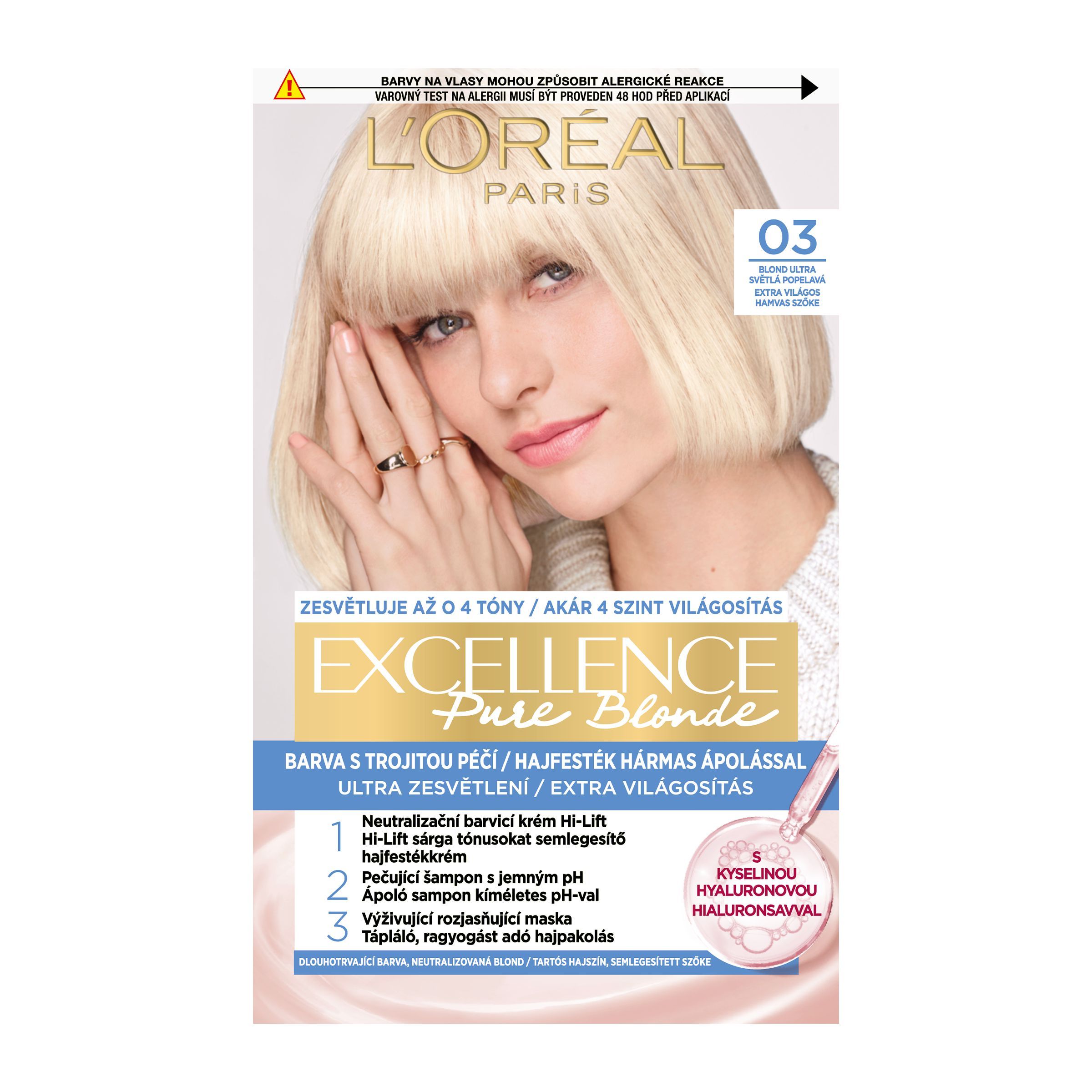 Drogerie a kosmetika - L'Oréal Paris Excellence Pure Blonde 03 Blond ultra světlá popelavá 72ml + 48ml + 12ml + 60ml, 1ks