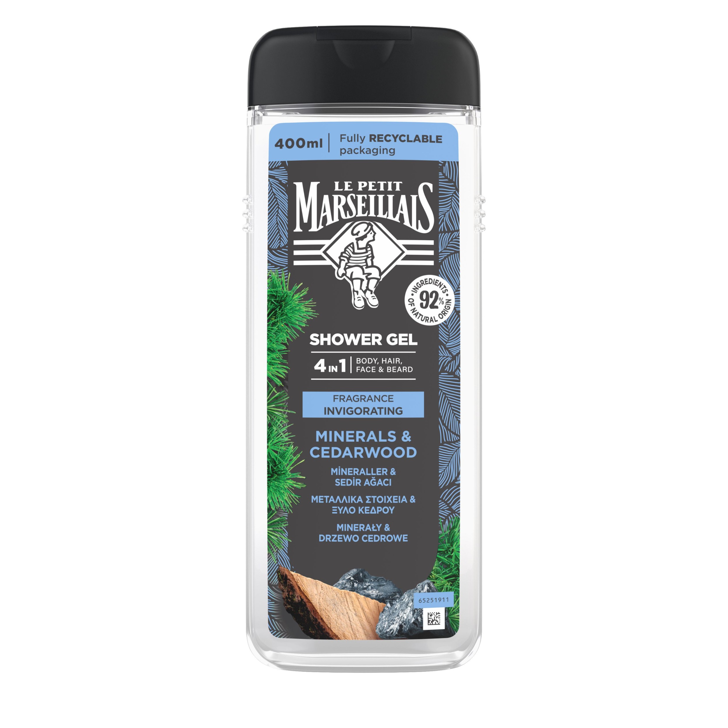 Drogerie a kosmetika - Le Petit Marseillais® sprchový gel Minerály a cedrové dřevo 4 v 1 na tělo, vlasy, obličej a vousy 400 ml