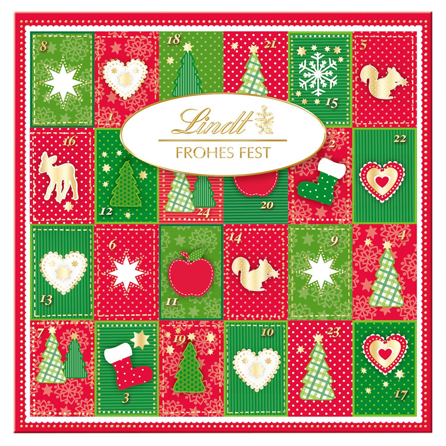 Trvanlivé potraviny - Lindt Adventní kalendář z mléčné, bílé čokolády s různými náplněmi 115g