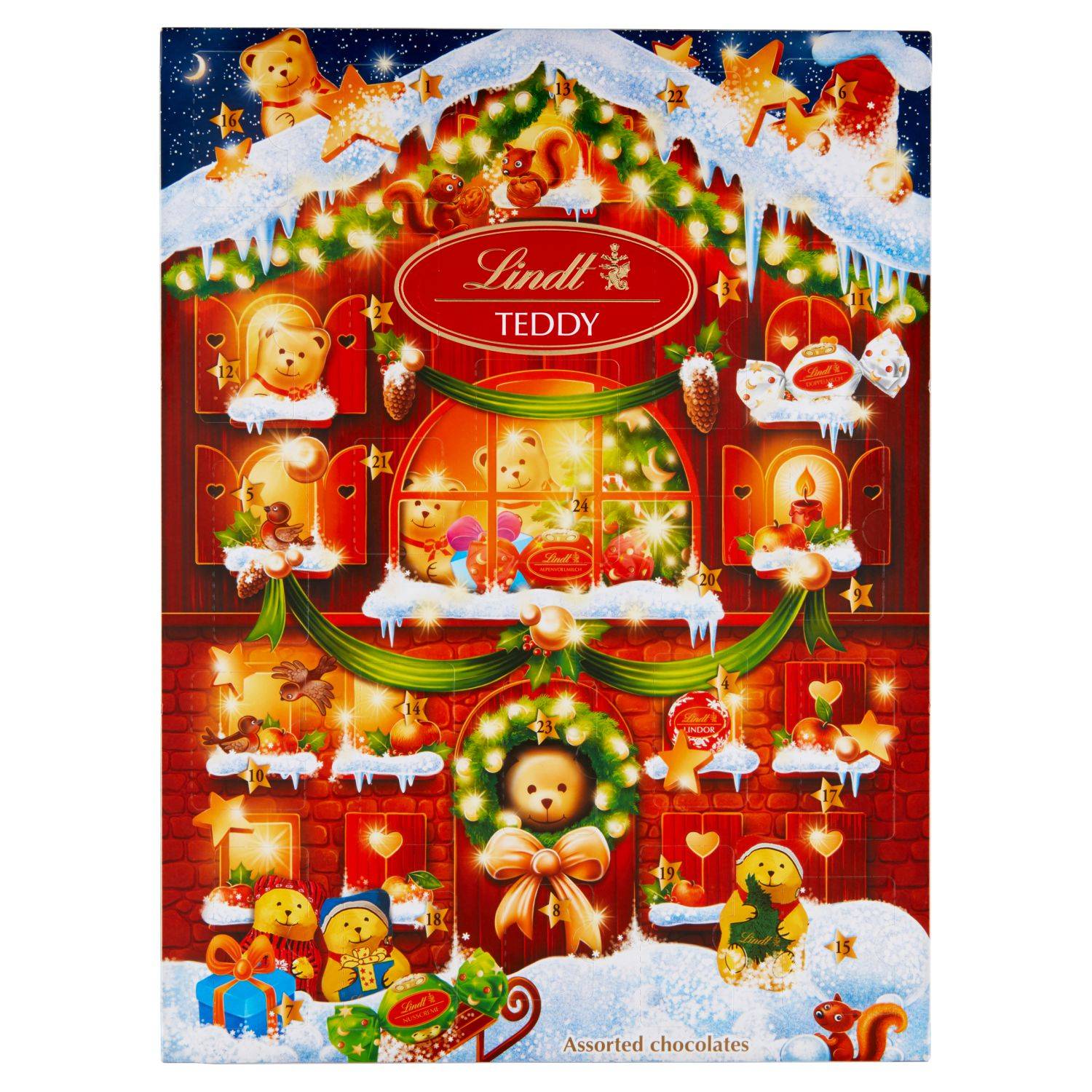 Trvanlivé potraviny - Lindt Teddy Adventní kalendář mléčná čokoláda, bílá a mléčná čokoláda s různými náplněmi 170g